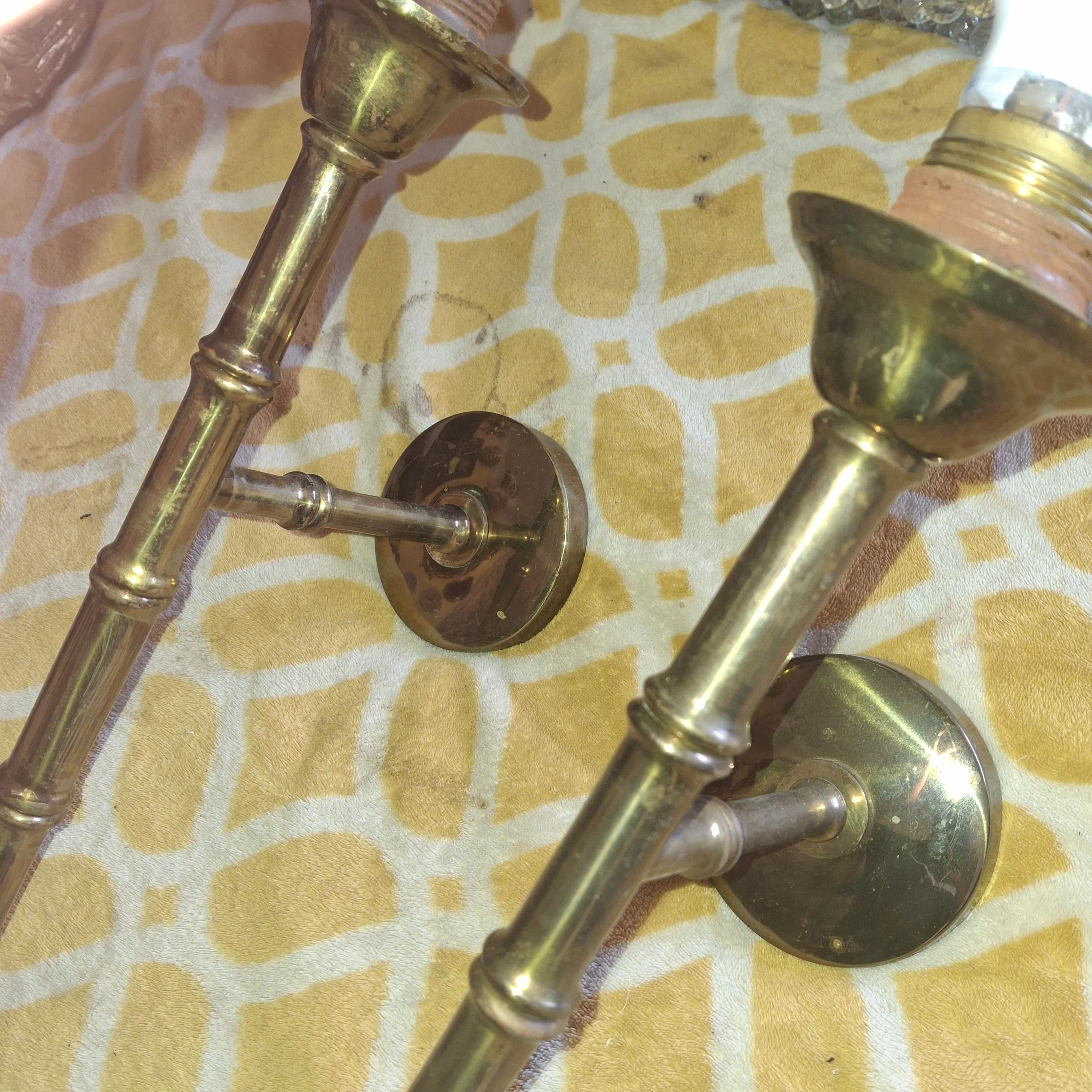 Pair 1950s Mid Century Tall Bronze Bamboo Wall Sconces by Maison Bagues France For Sale 10