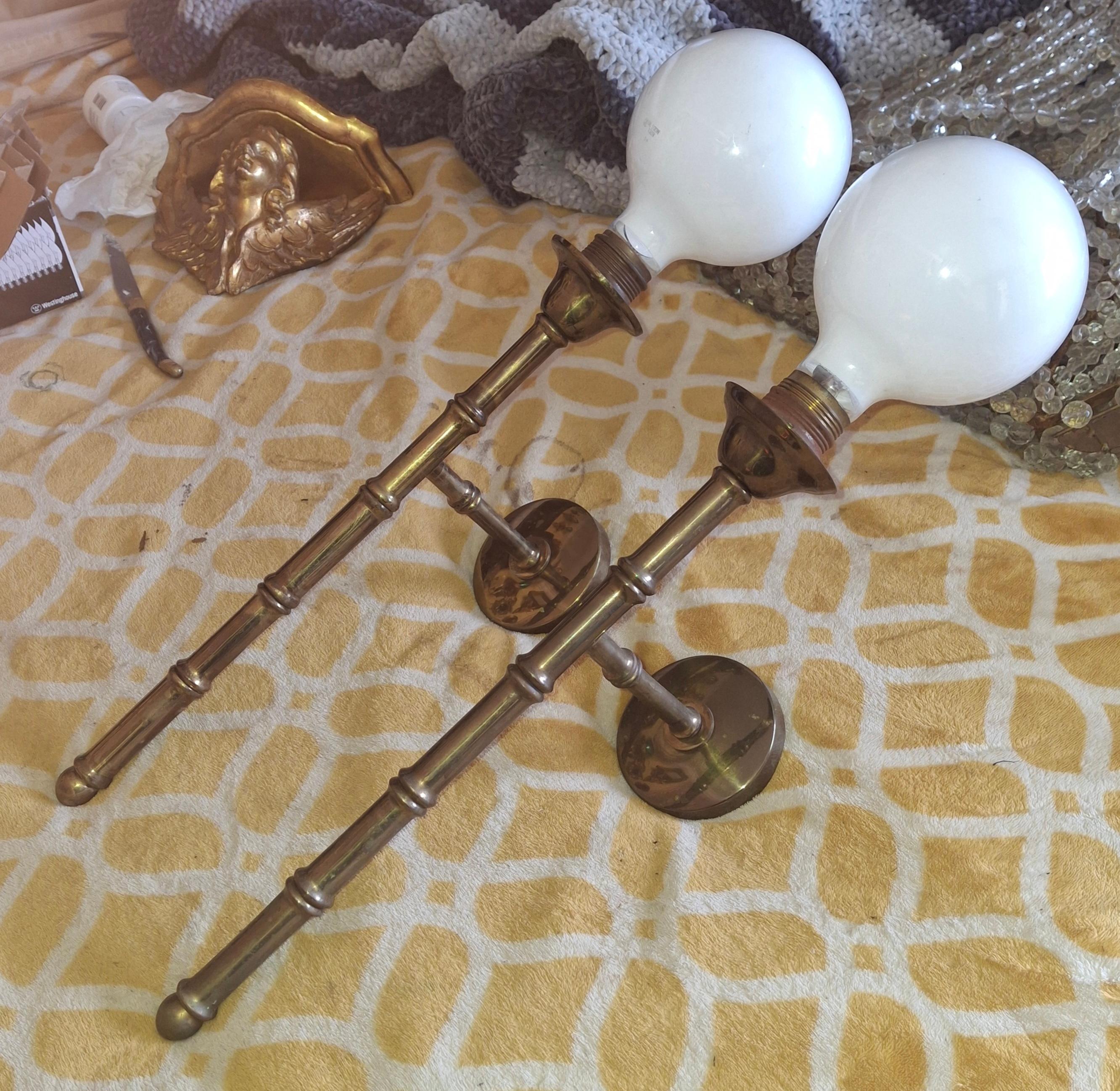 Pair 1950s Mid Century Tall Bronze Bamboo Wall Sconces by Maison Bagues France For Sale 11