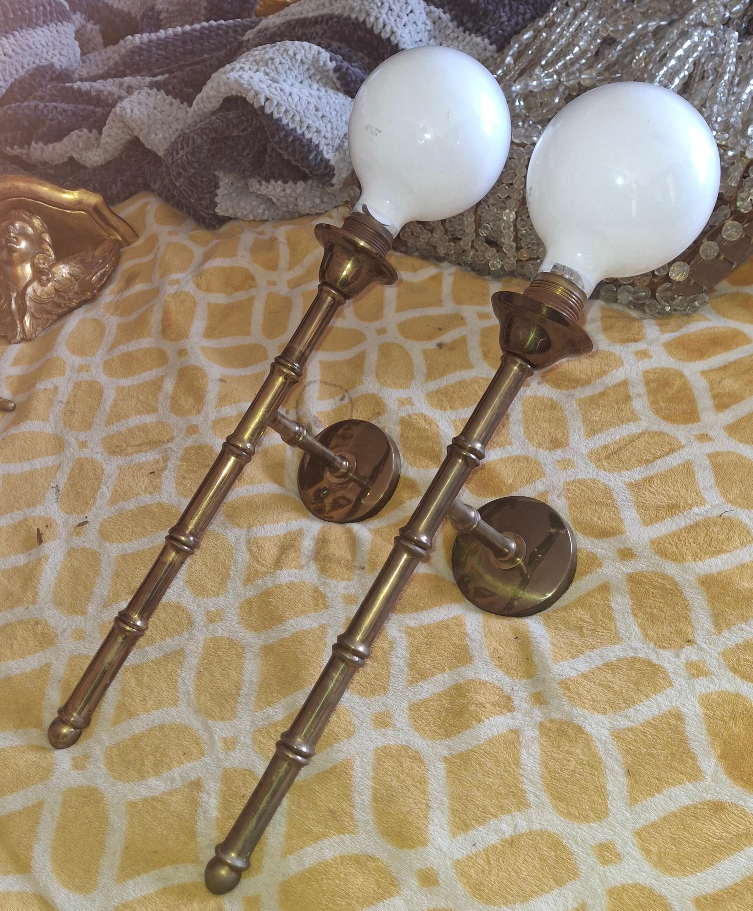 Pair 1950s Mid Century Tall Bronze Bamboo Wall Sconces by Maison Bagues France For Sale 12