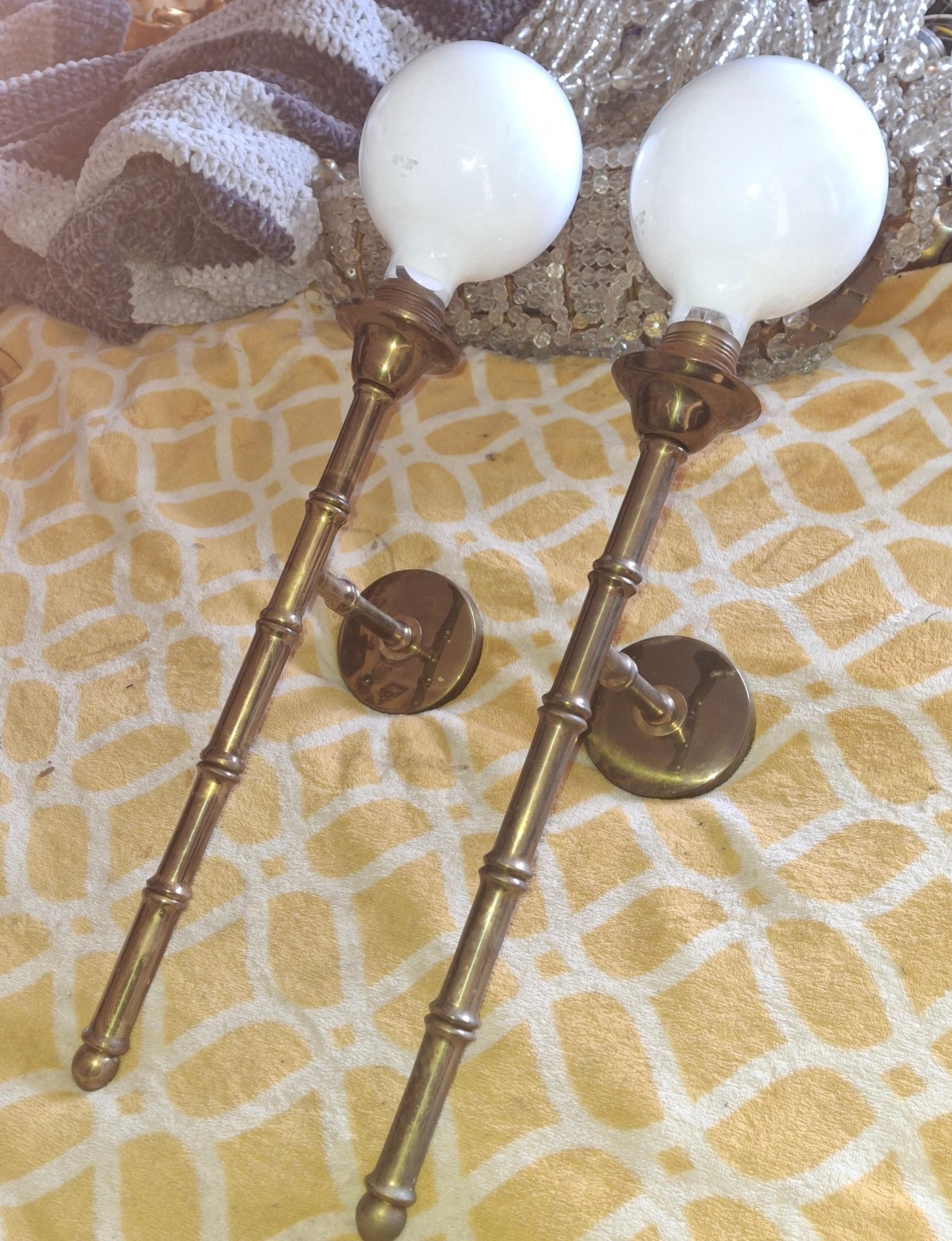 Pair 1950s Mid Century Tall Bronze Bamboo Wall Sconces by Maison Bagues France For Sale 13
