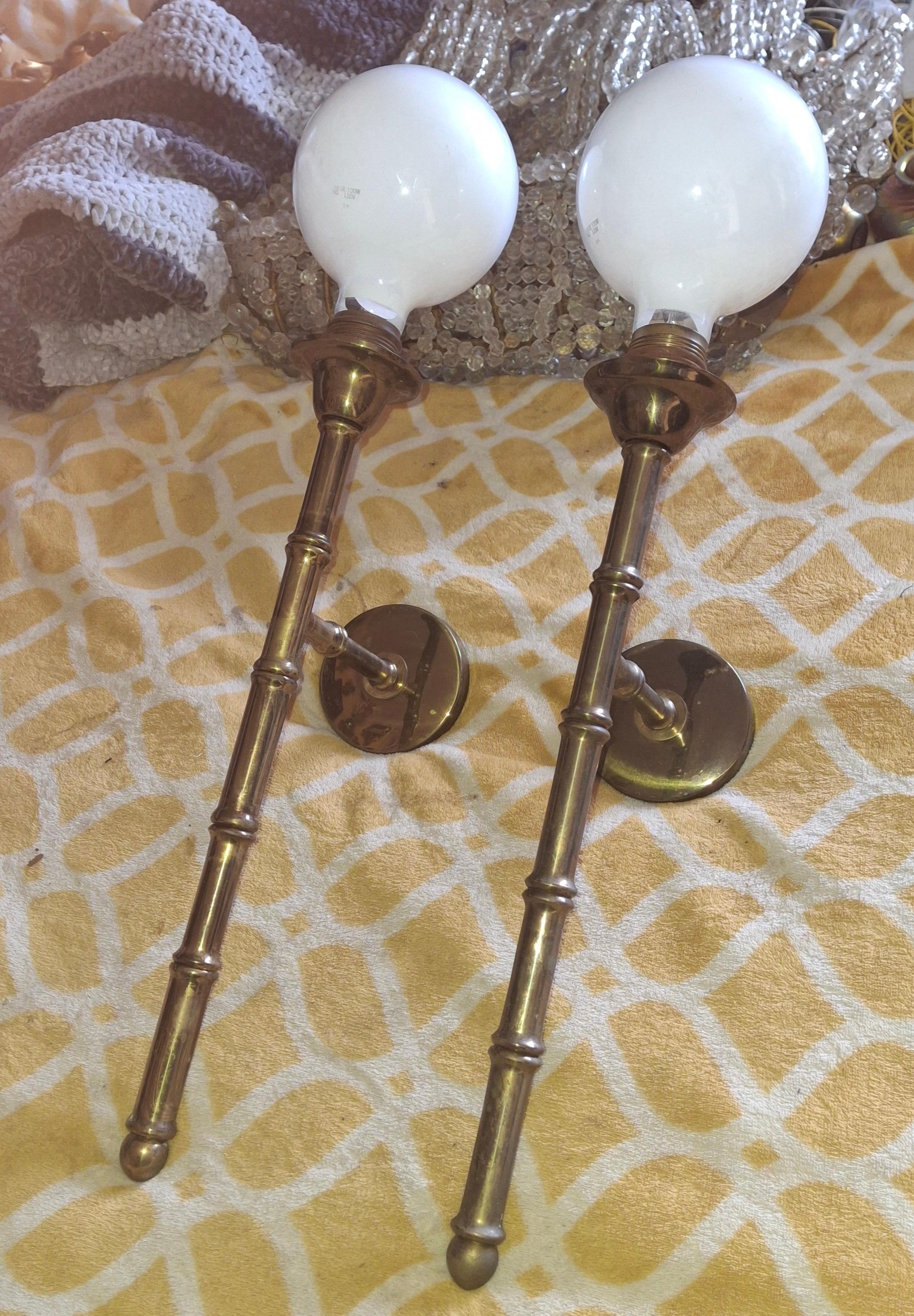 Pair 1950s Mid Century Tall Bronze Bamboo Wall Sconces by Maison Bagues France For Sale 14