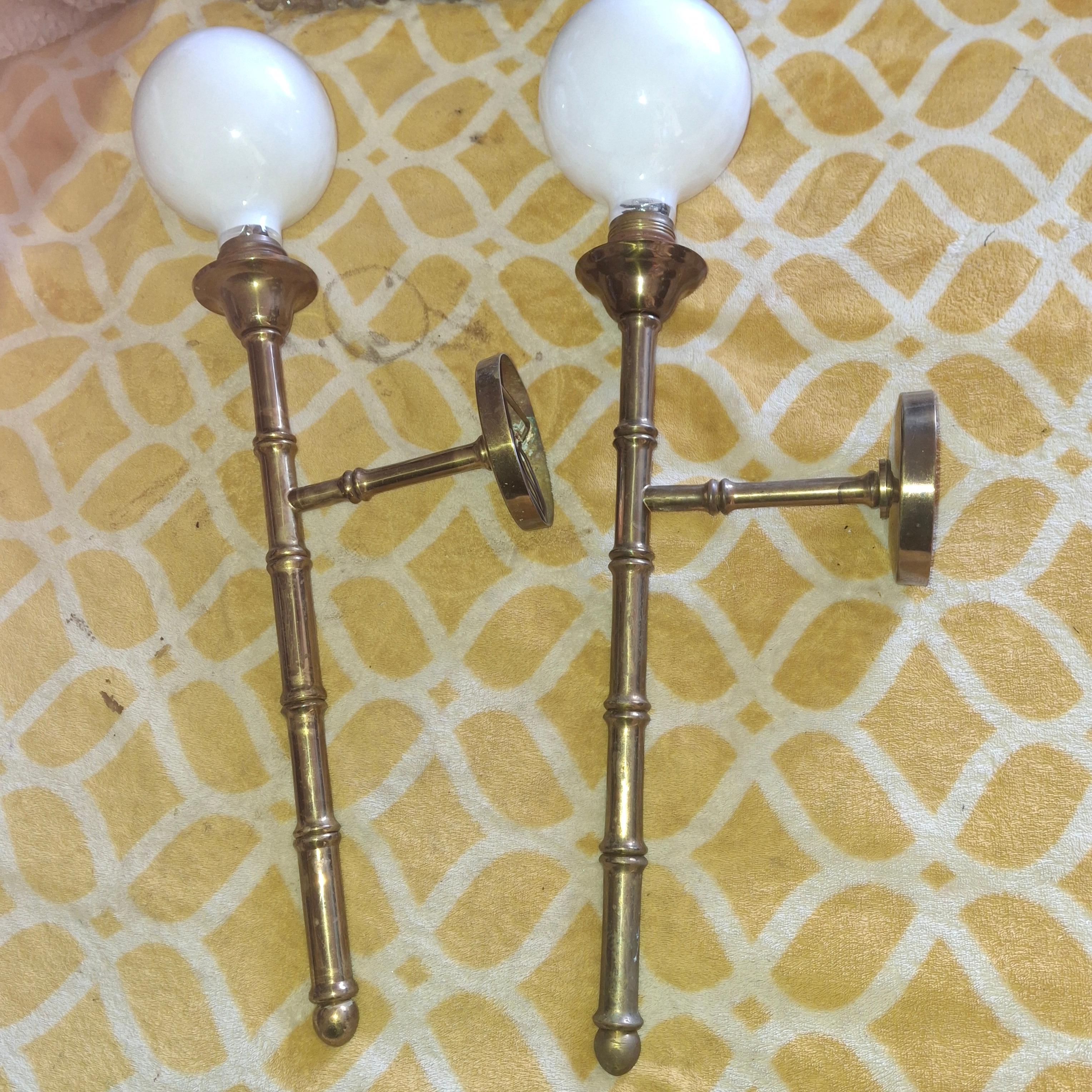 French Pair 1950s Mid Century Tall Bronze Bamboo Wall Sconces by Maison Bagues France For Sale