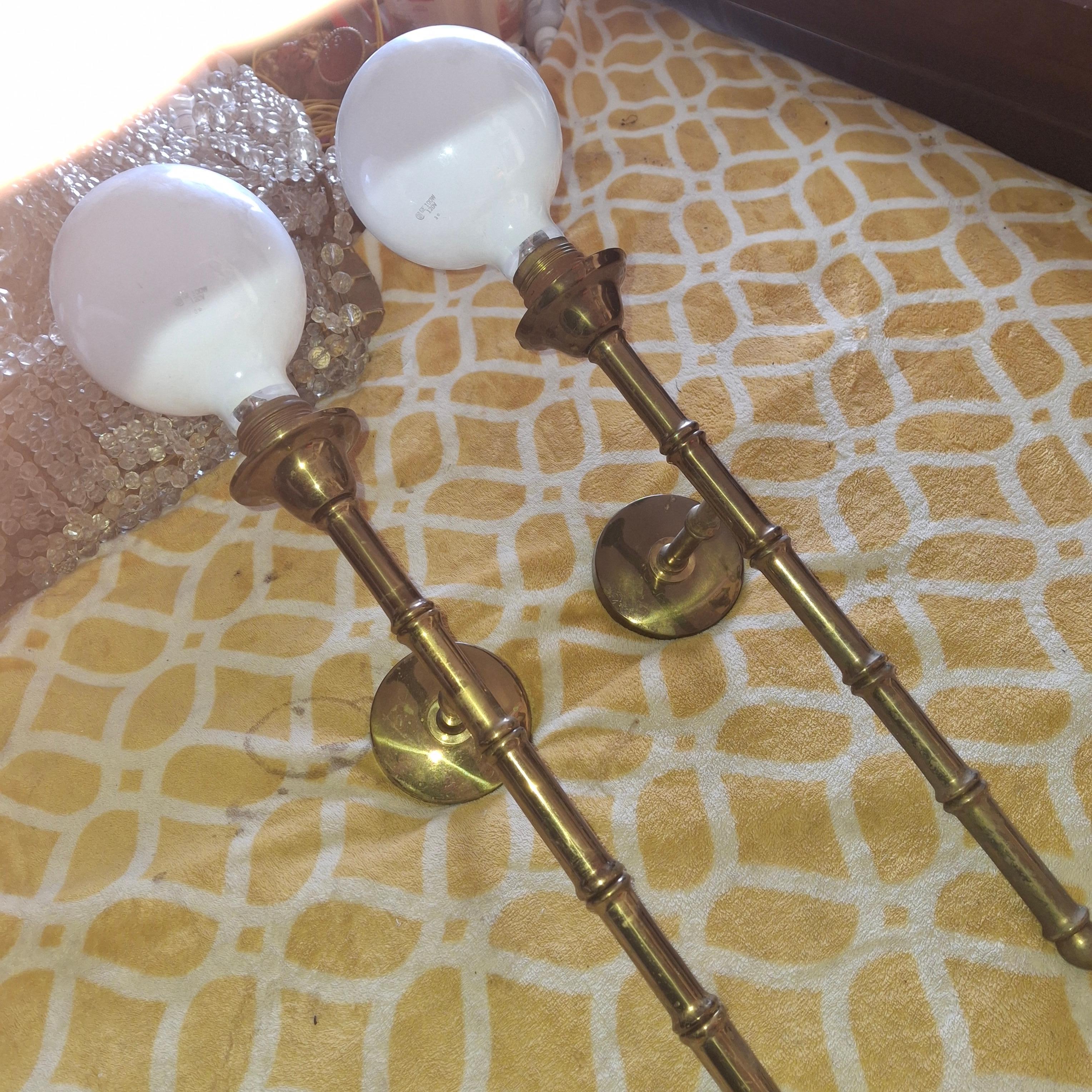 Pair 1950s Mid Century Tall Bronze Bamboo Wall Sconces by Maison Bagues France In Good Condition For Sale In Opa Locka, FL