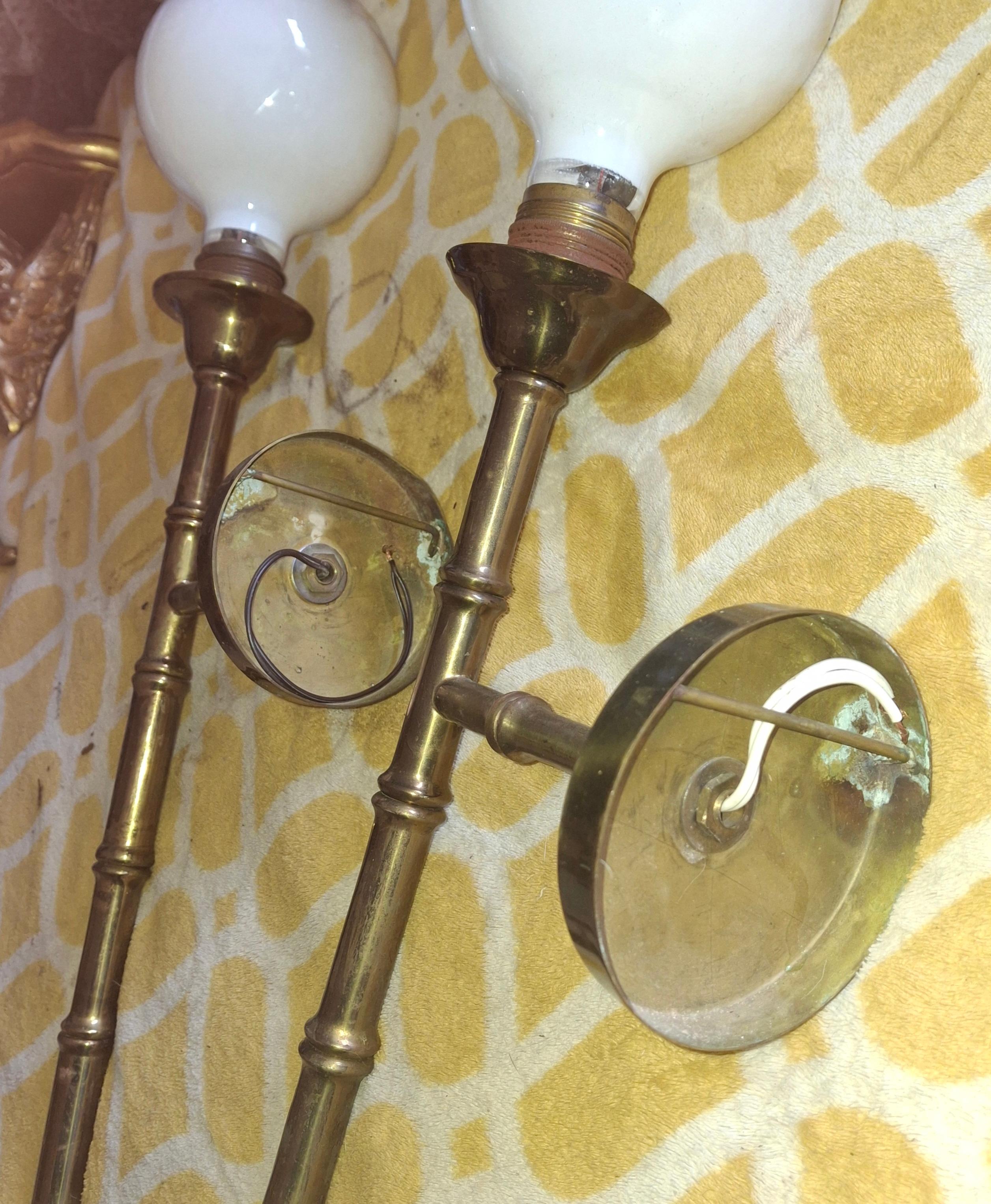 Pair 1950s Mid Century Tall Bronze Bamboo Wall Sconces by Maison Bagues France For Sale 2