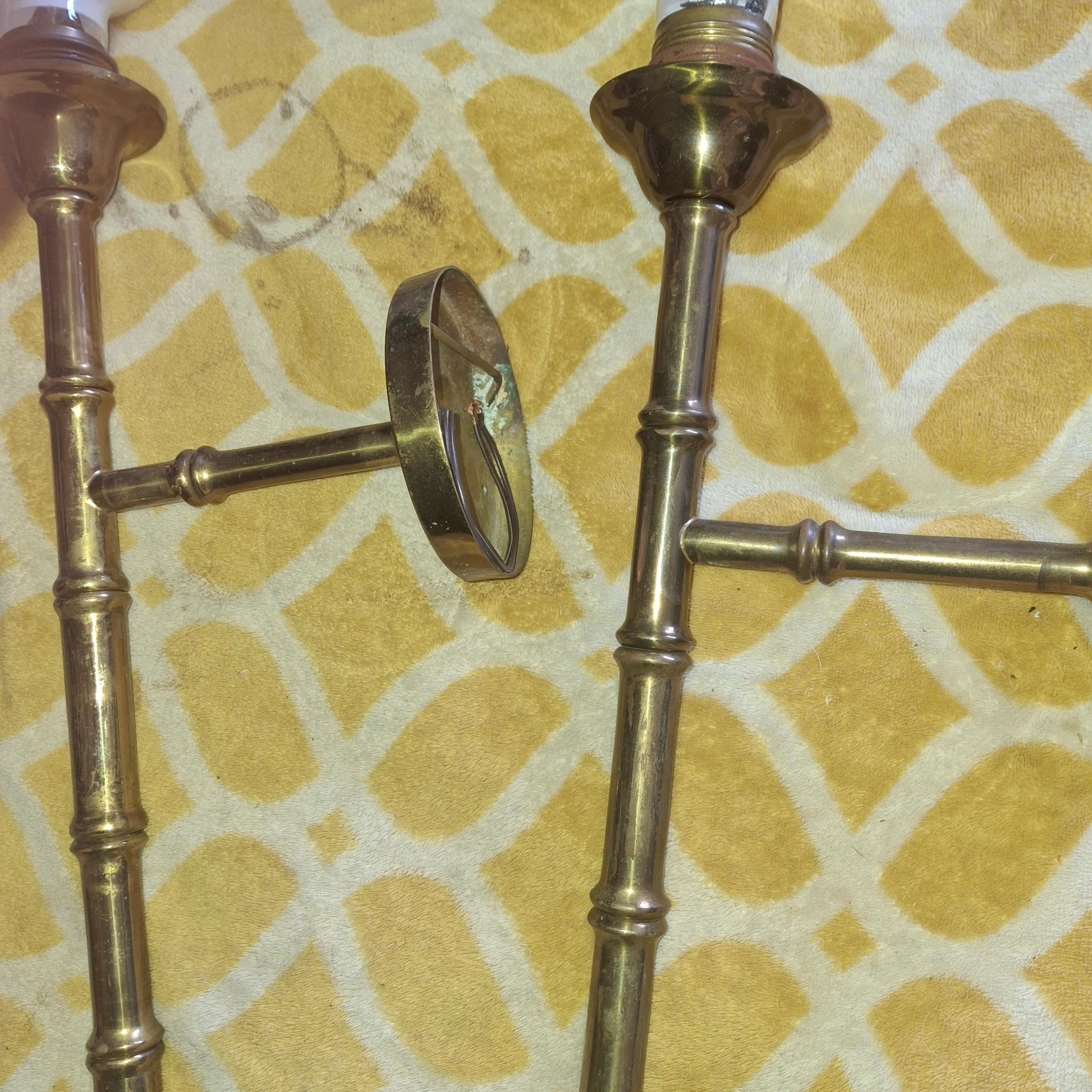Pair 1950s Mid Century Tall Bronze Bamboo Wall Sconces by Maison Bagues France For Sale 3