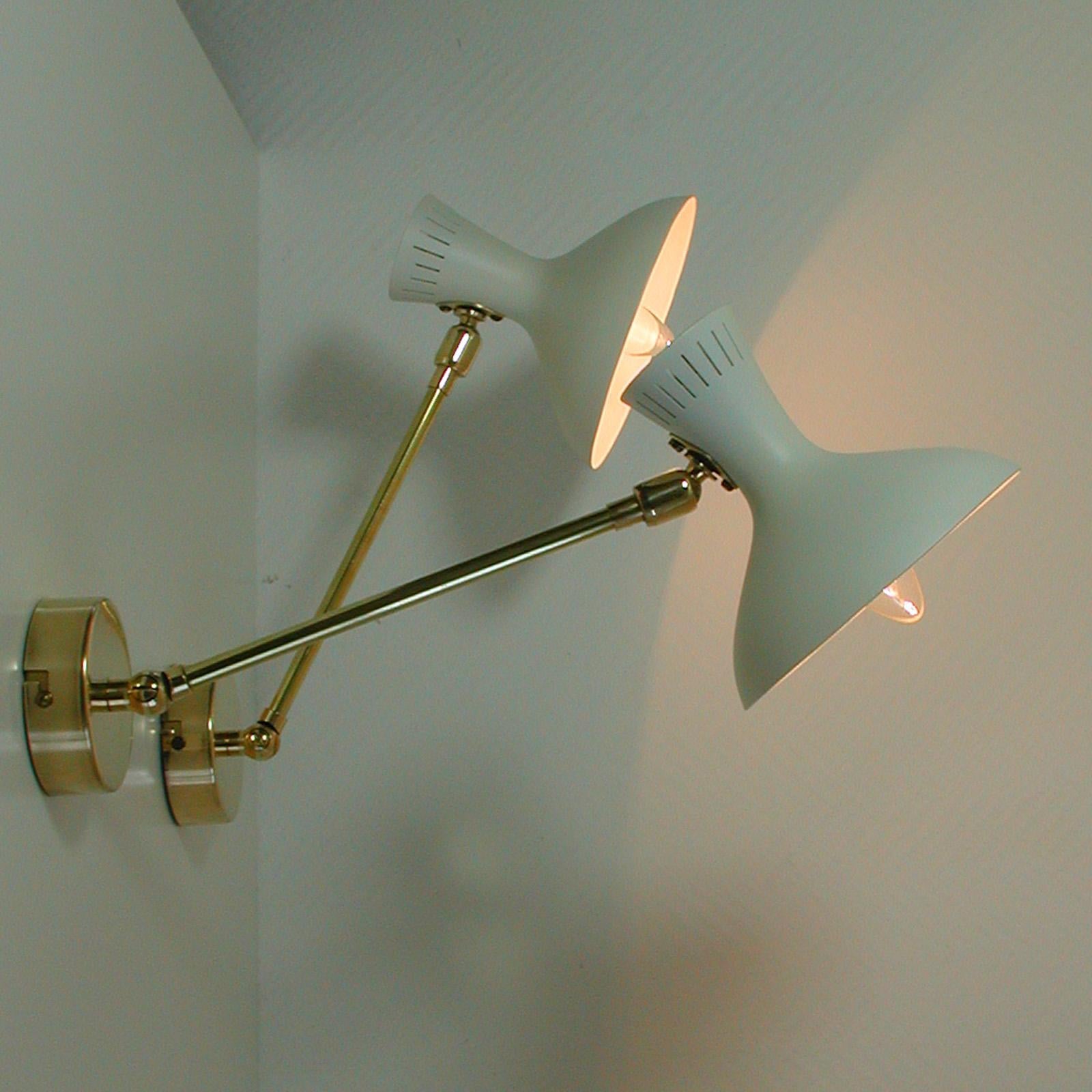 Pair of 1950s Midcentury White Brass French Articulating Potence Sconces For Sale 8
