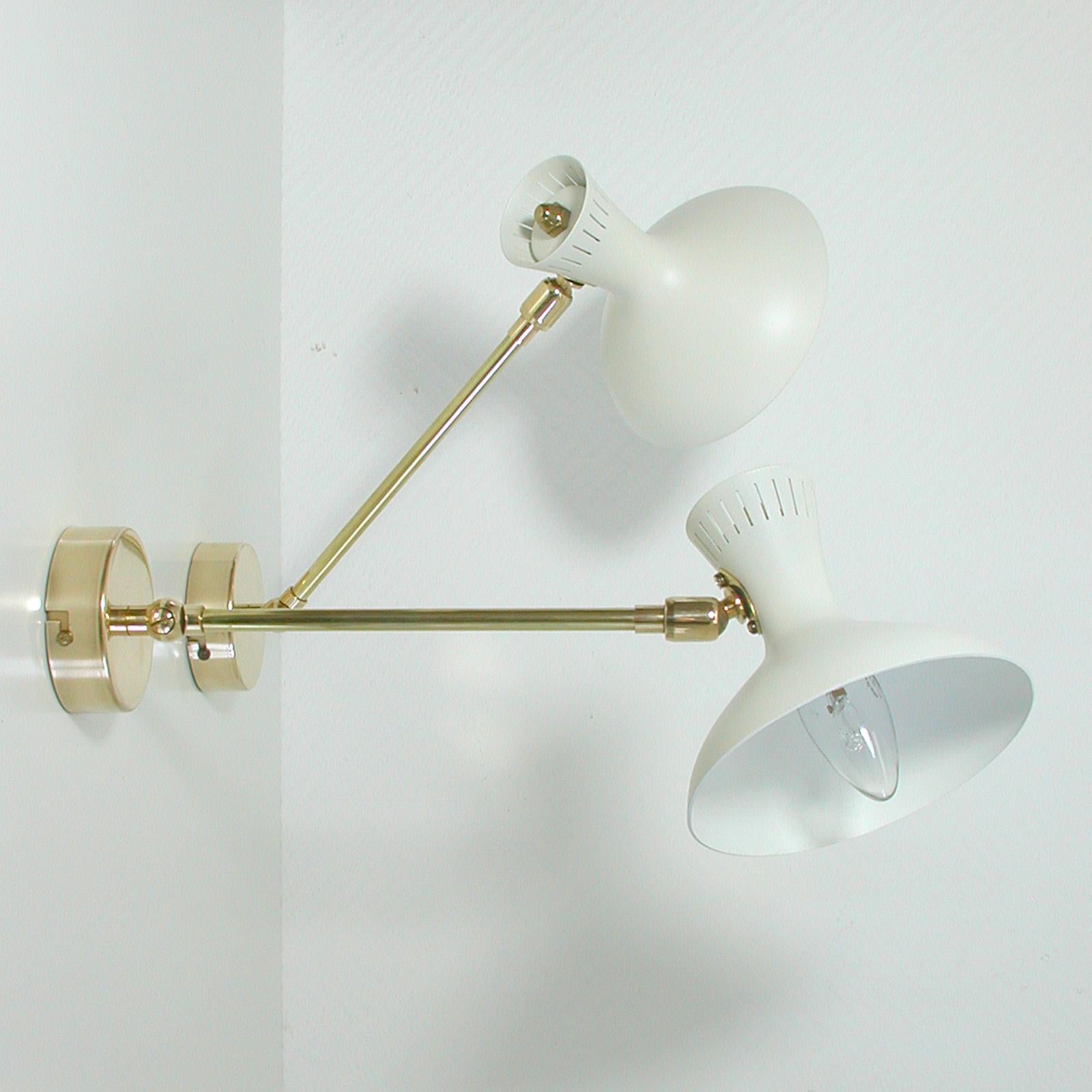 Lacquered Pair of 1950s Midcentury White Brass French Articulating Potence Sconces For Sale