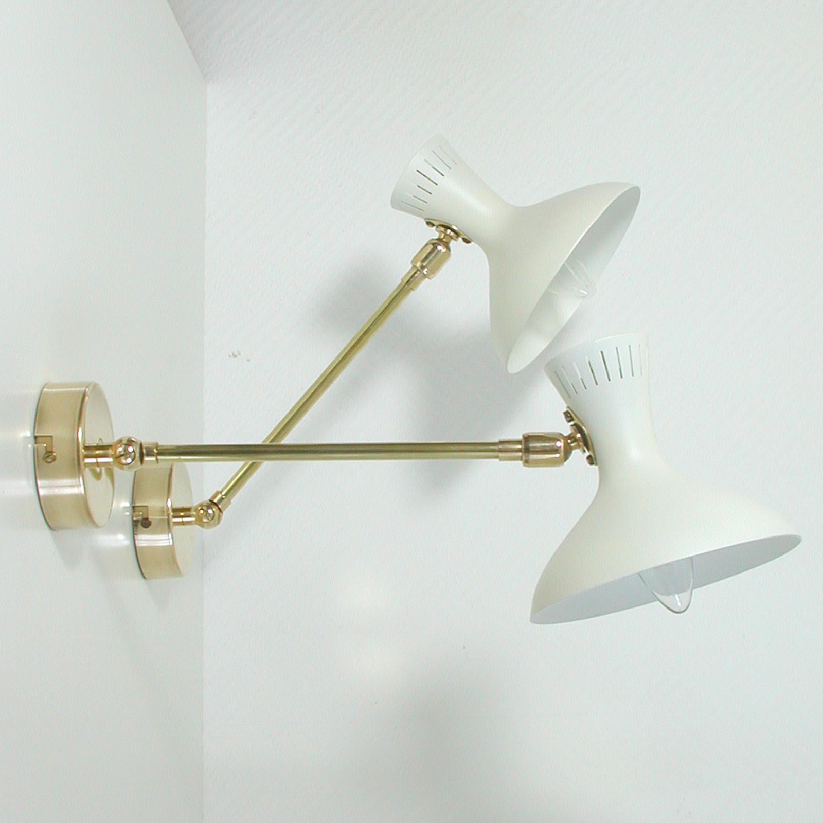 Pair of 1950s Midcentury White Brass French Articulating Potence Sconces For Sale 1