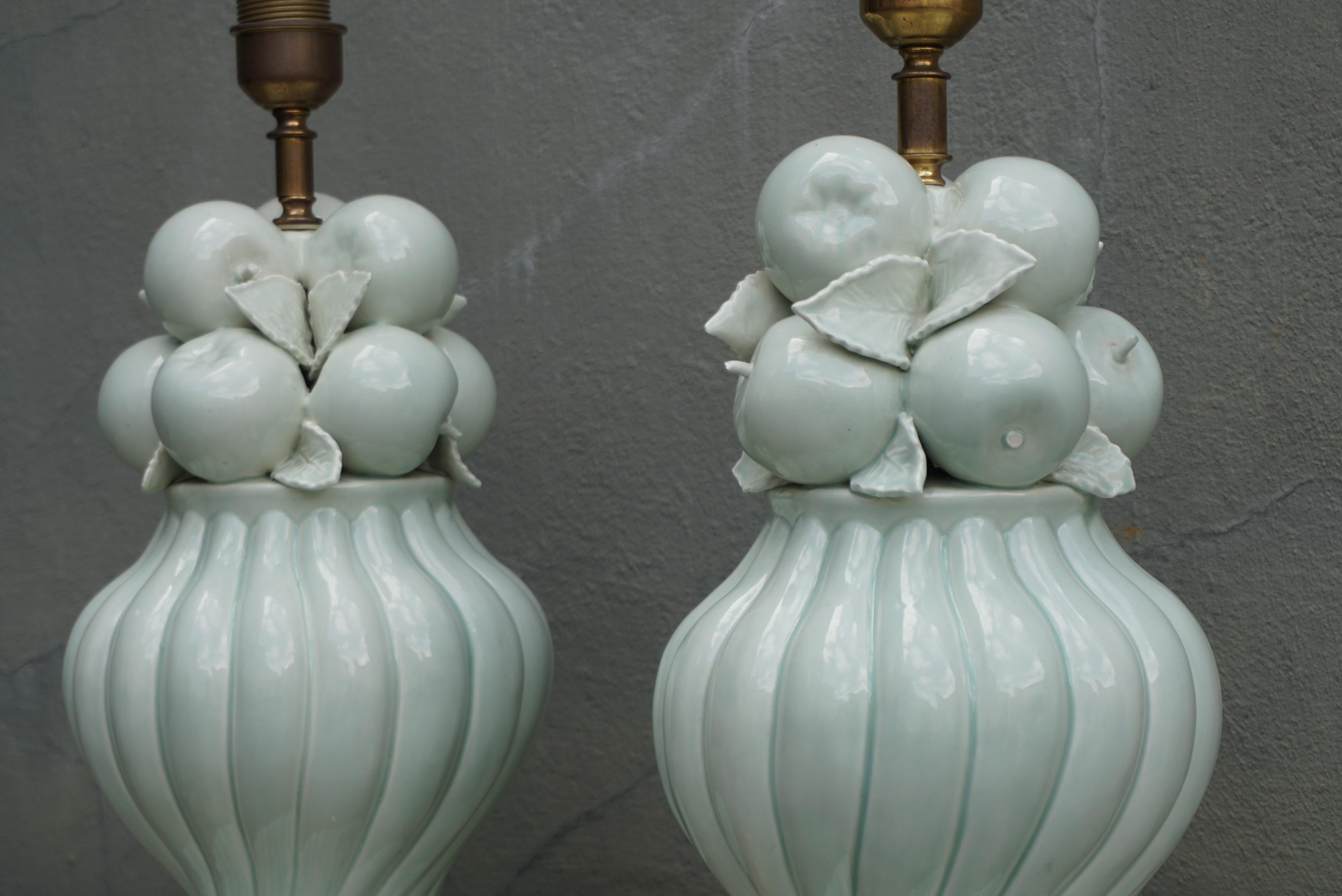 Hollywood Regency Pair, 1950s Mint Green Fruit Bassanello Lamps For Sale
