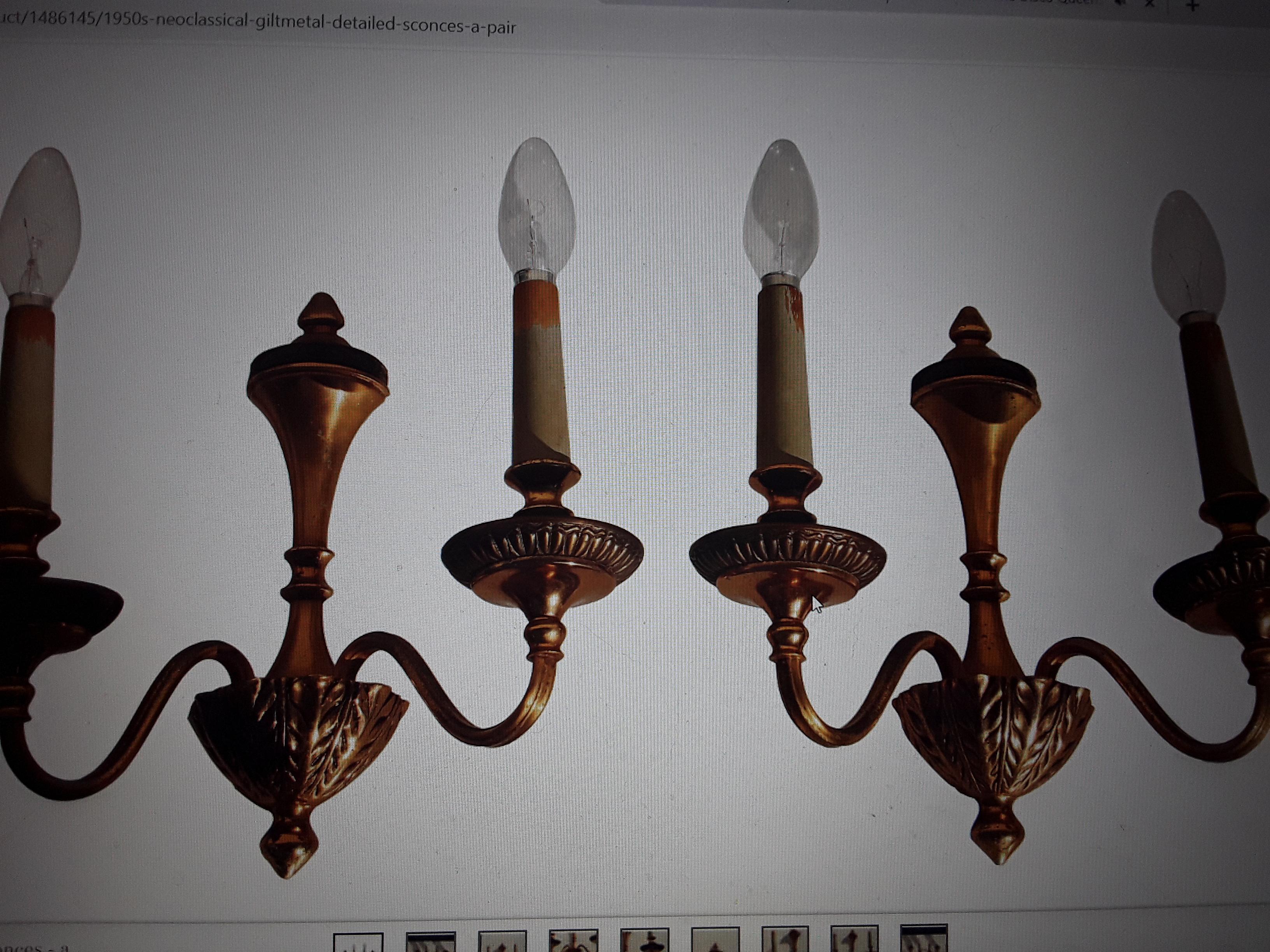 Pair 1950's Neoclassical Gilt Metal Detailed Wall Sconces For Sale 6