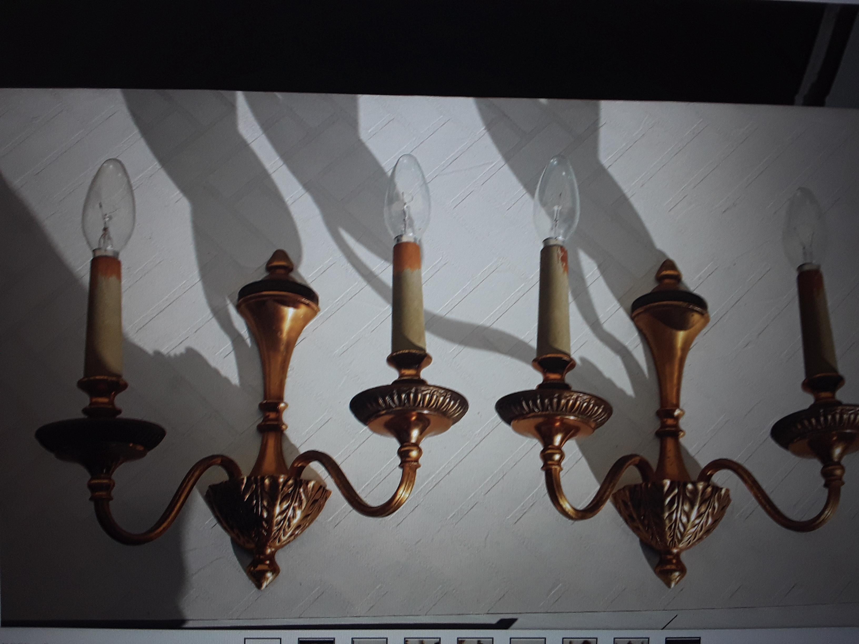 French Pair 1950's Neoclassical Gilt Metal Detailed Wall Sconces For Sale