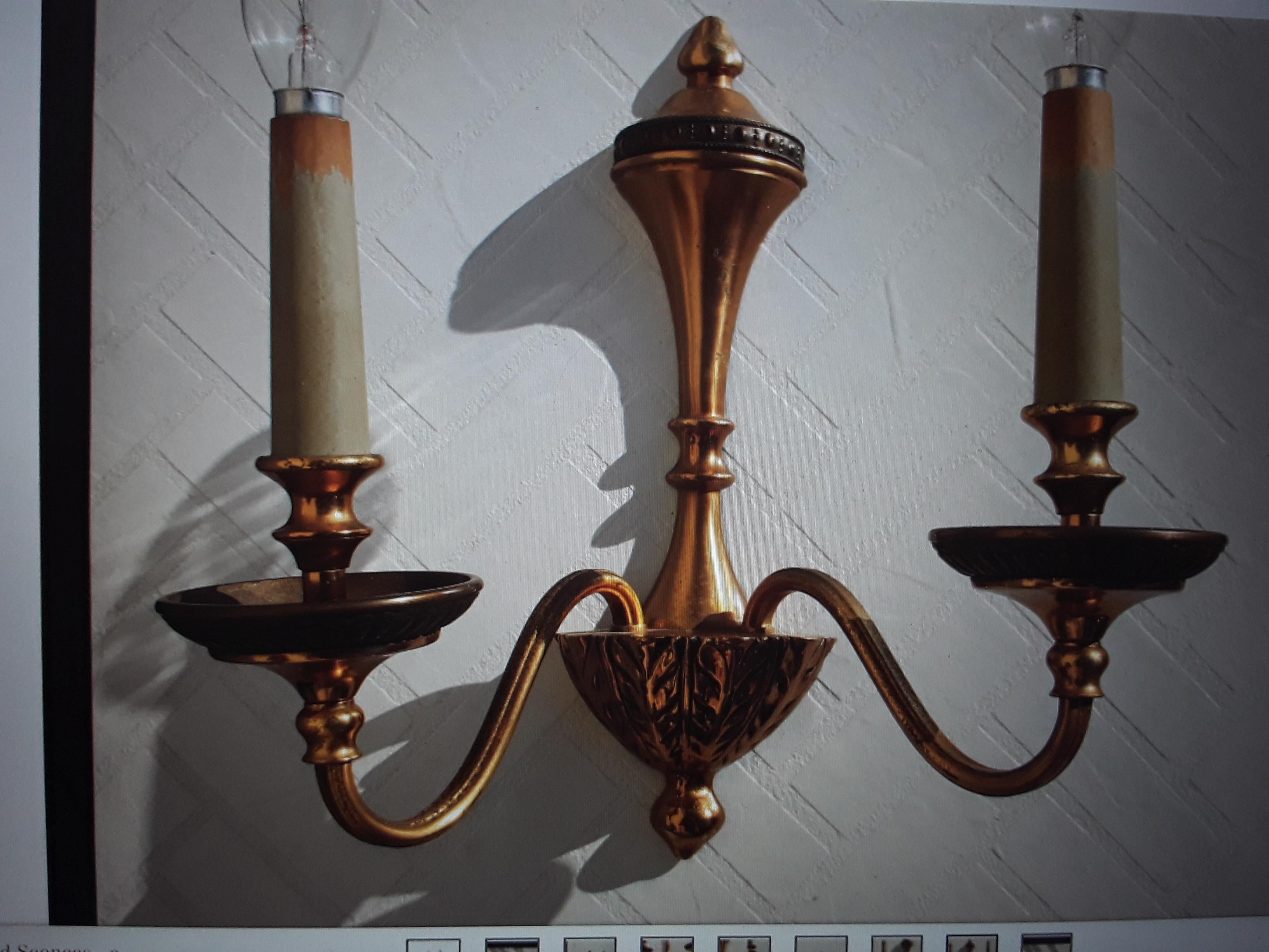 Pair 1950's Neoclassical Gilt Metal Detailed Wall Sconces In Good Condition For Sale In Opa Locka, FL