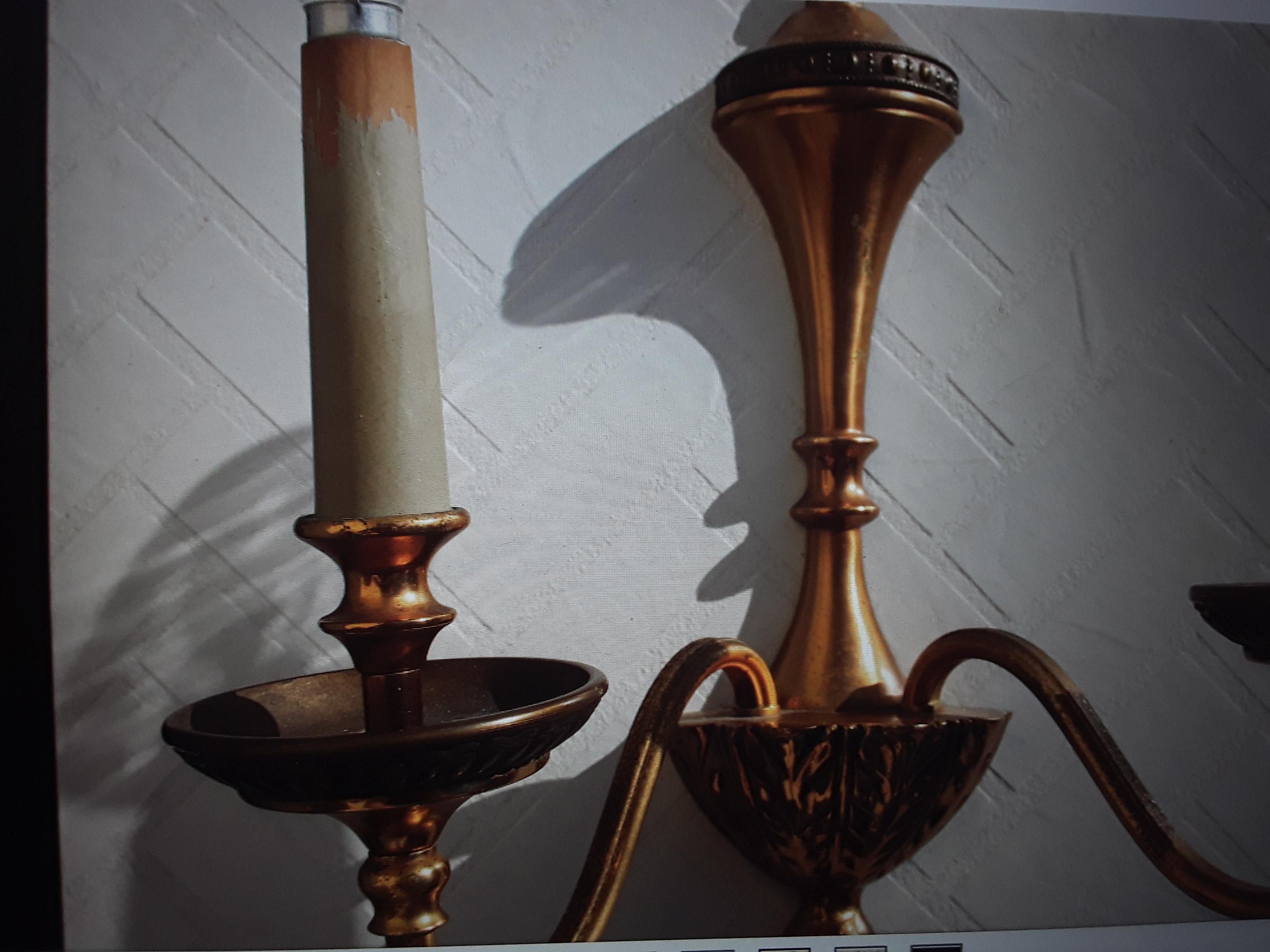 Mid-20th Century Pair 1950's Neoclassical Gilt Metal Detailed Wall Sconces For Sale
