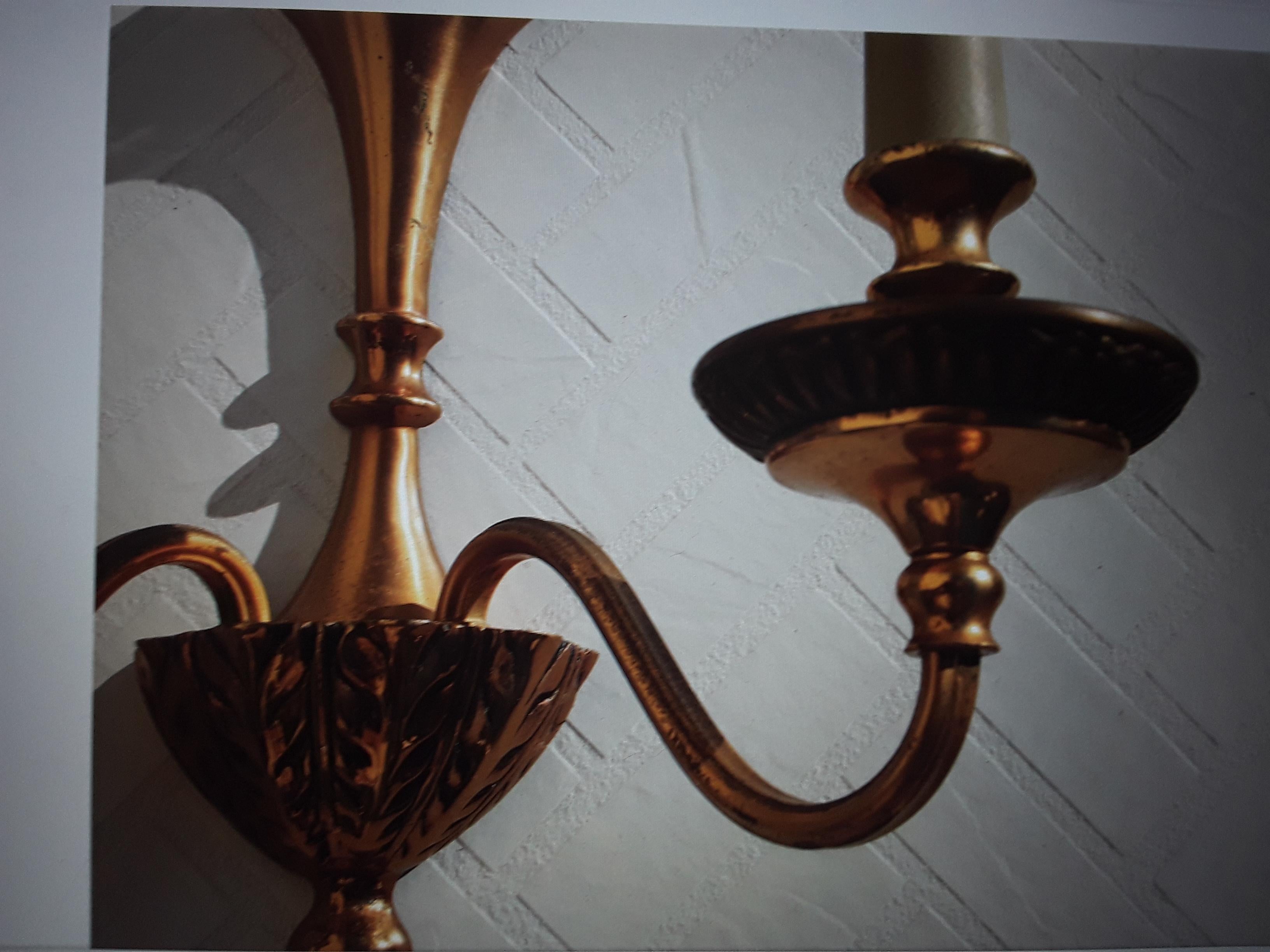 Pair 1950's Neoclassical Gilt Metal Detailed Wall Sconces For Sale 2