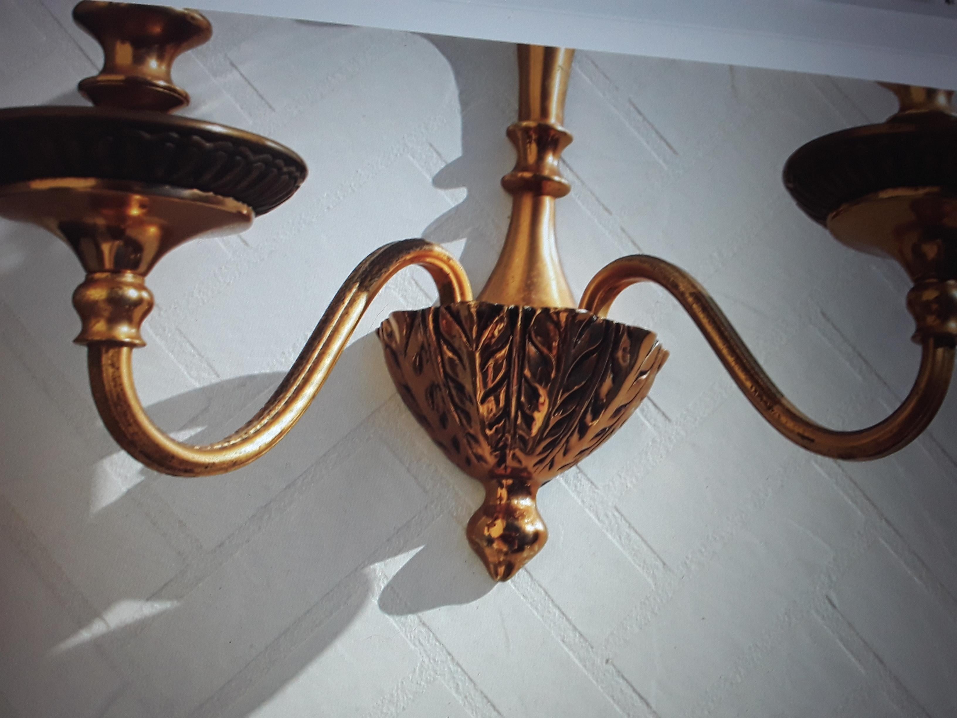 Pair 1950's Neoclassical Gilt Metal Detailed Wall Sconces For Sale 3