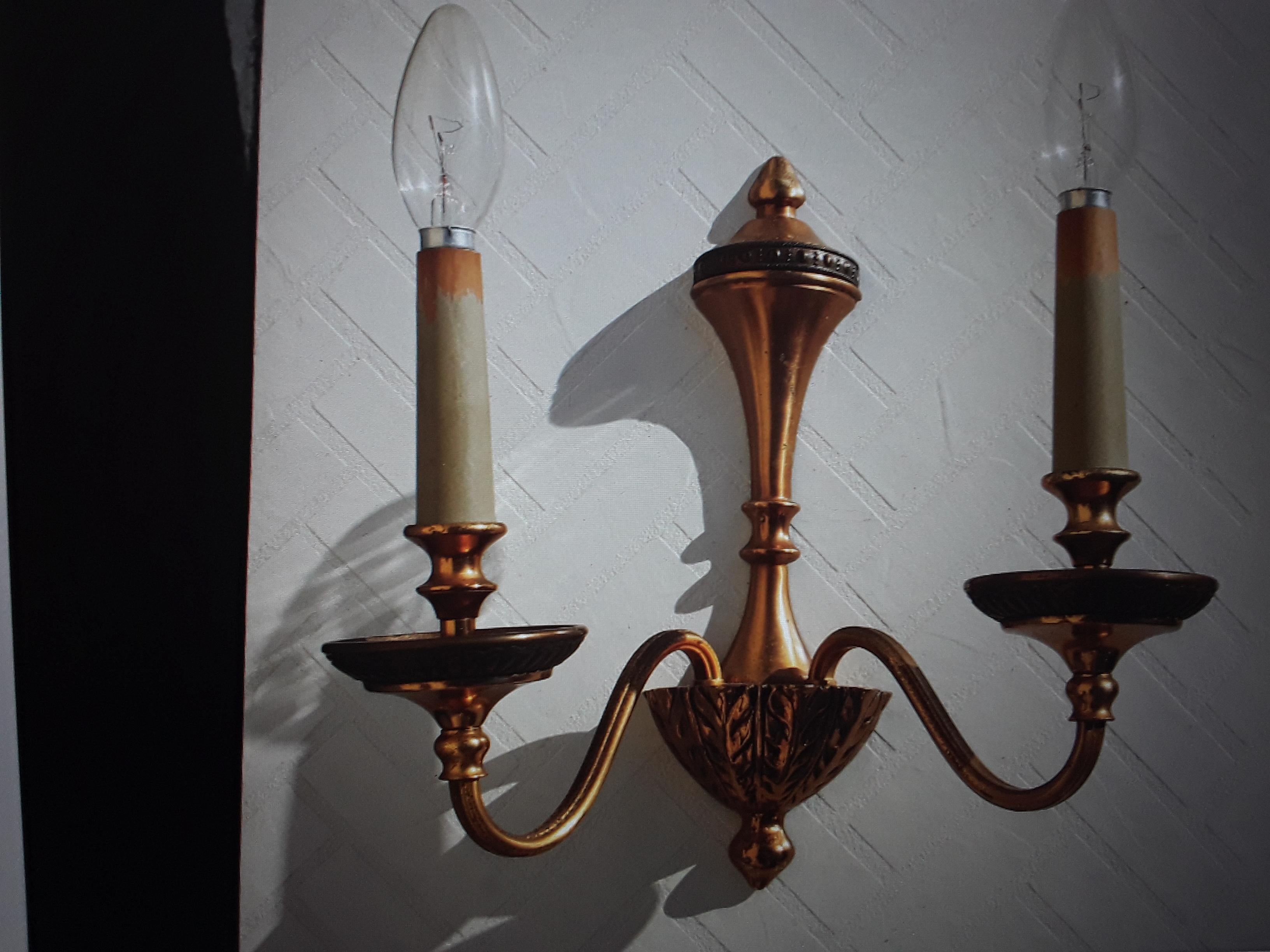 Pair 1950's Neoclassical Gilt Metal Detailed Wall Sconces For Sale 4