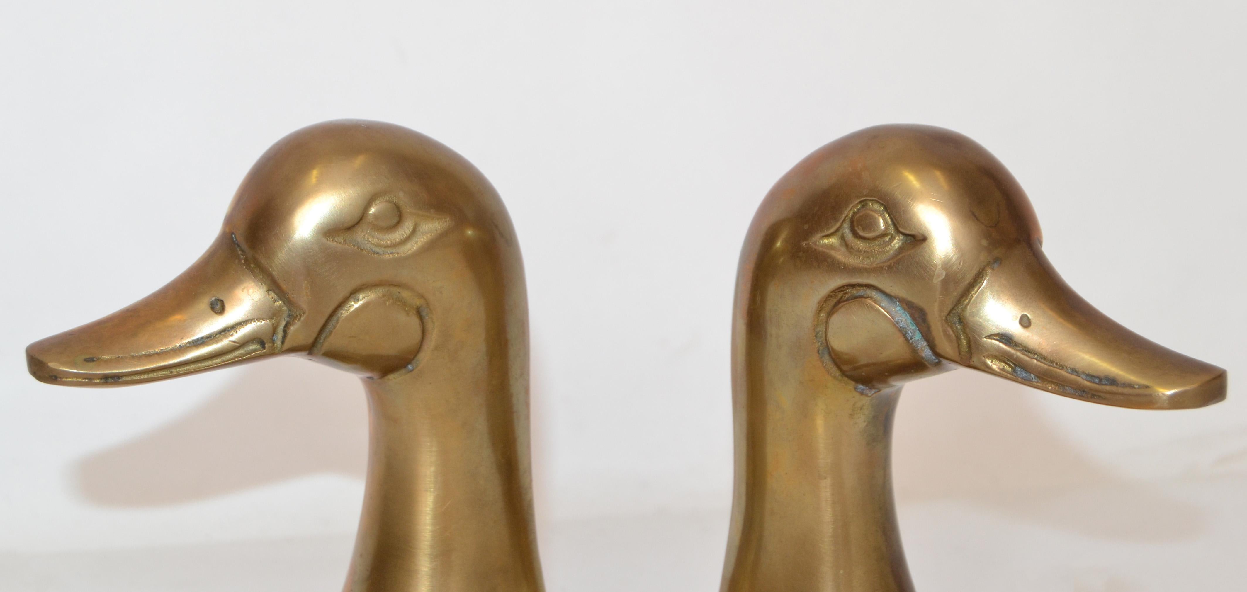 Pair 1950s Patinated Cast Brass Duck Mallard Head Bookends Mid-Century Modern For Sale 2