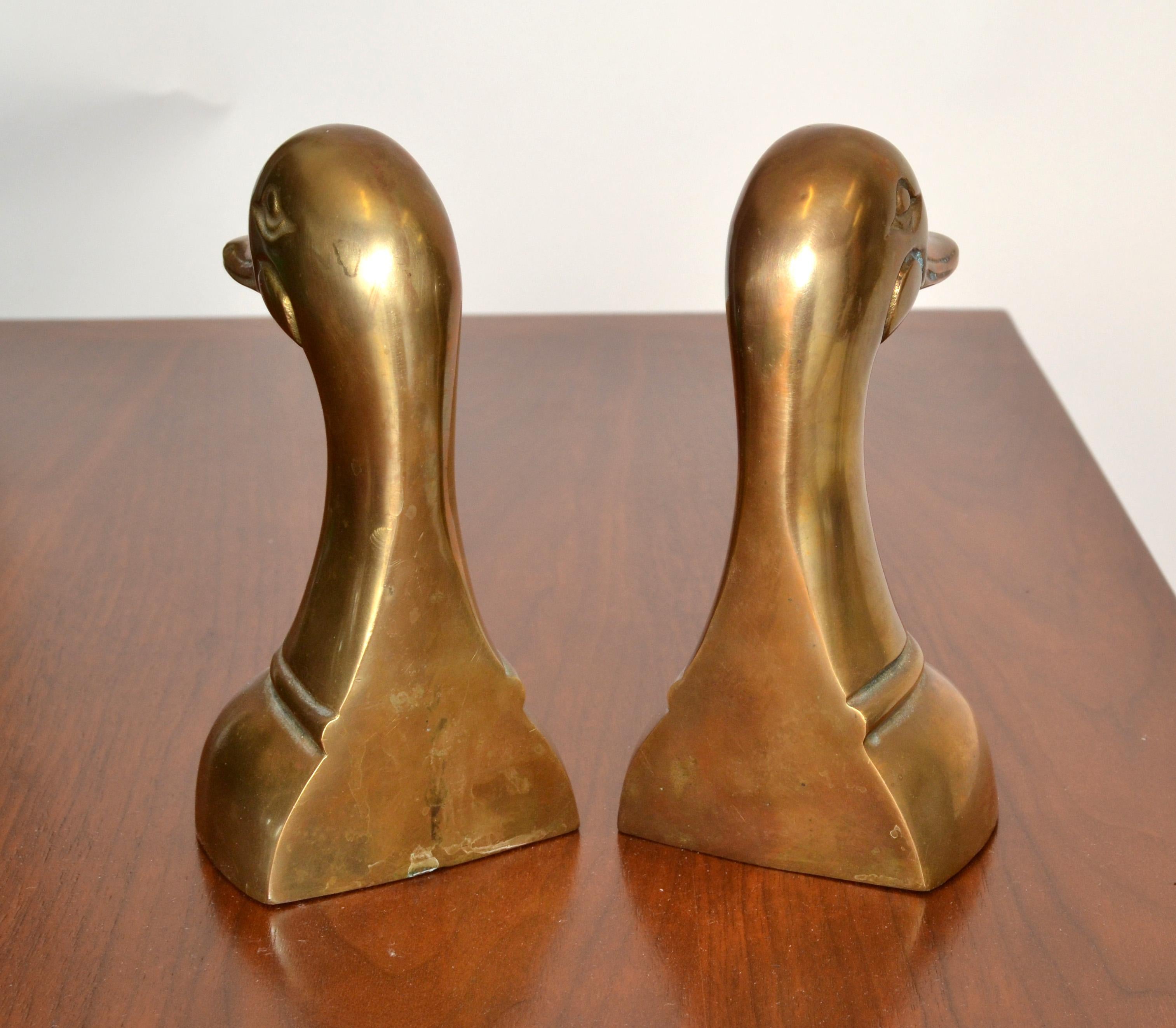 Pair 1950s Patinated Cast Brass Duck Mallard Head Bookends Mid-Century Modern For Sale 4