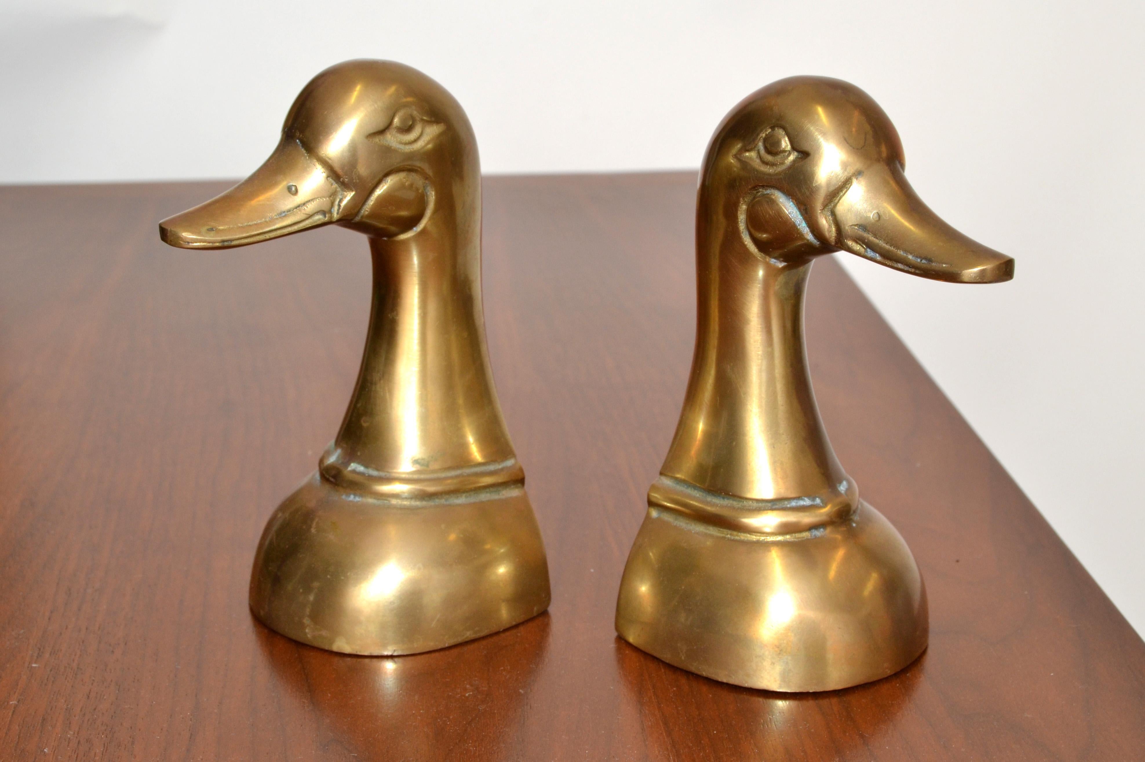 Pair 1950s Patinated Cast Brass Duck Mallard Head Bookends Mid-Century Modern For Sale 8