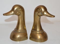 Pair 1950s Patinated Cast Brass Duck Mallard Head Bookends Mid-Century Modern