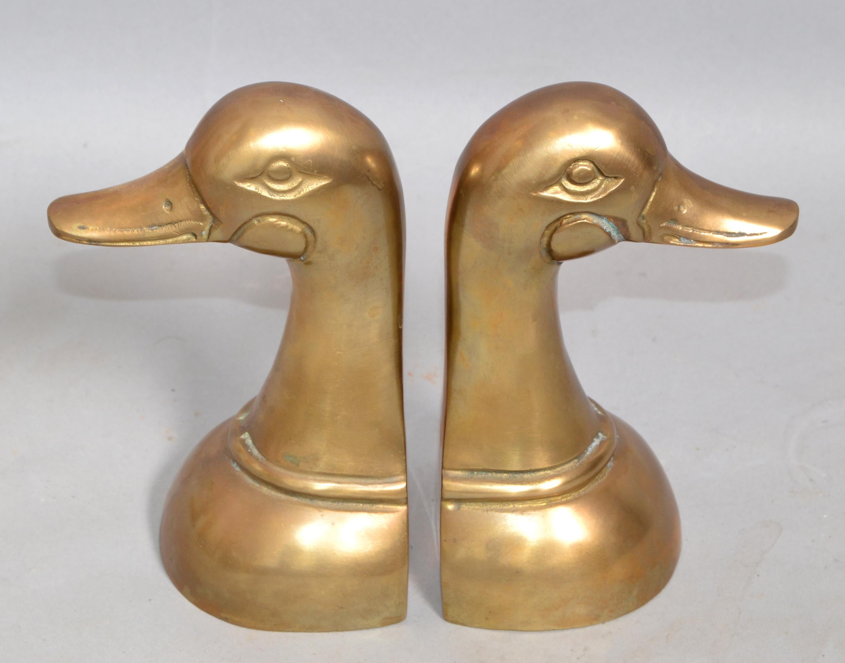Taiwanese Pair 1950s Patinated Cast Brass Duck Mallard Head Bookends Mid-Century Modern For Sale
