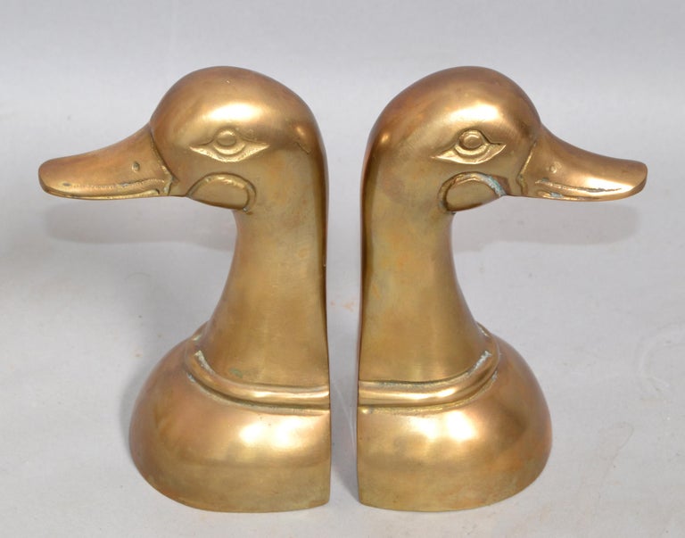 Pair 1950s Patinated Cast Brass Duck Mallard Head Bookends Mid