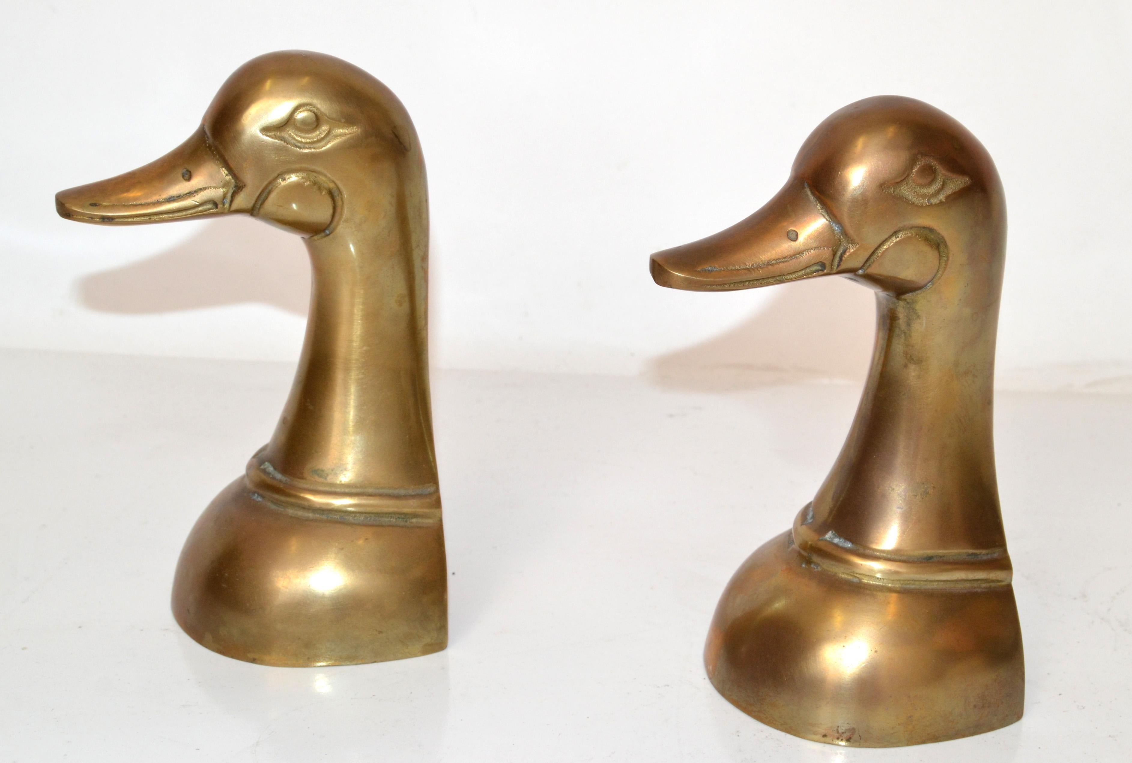 Pair 1950s Patinated Cast Brass Duck Mallard Head Bookends Mid-Century Modern In Good Condition For Sale In Miami, FL