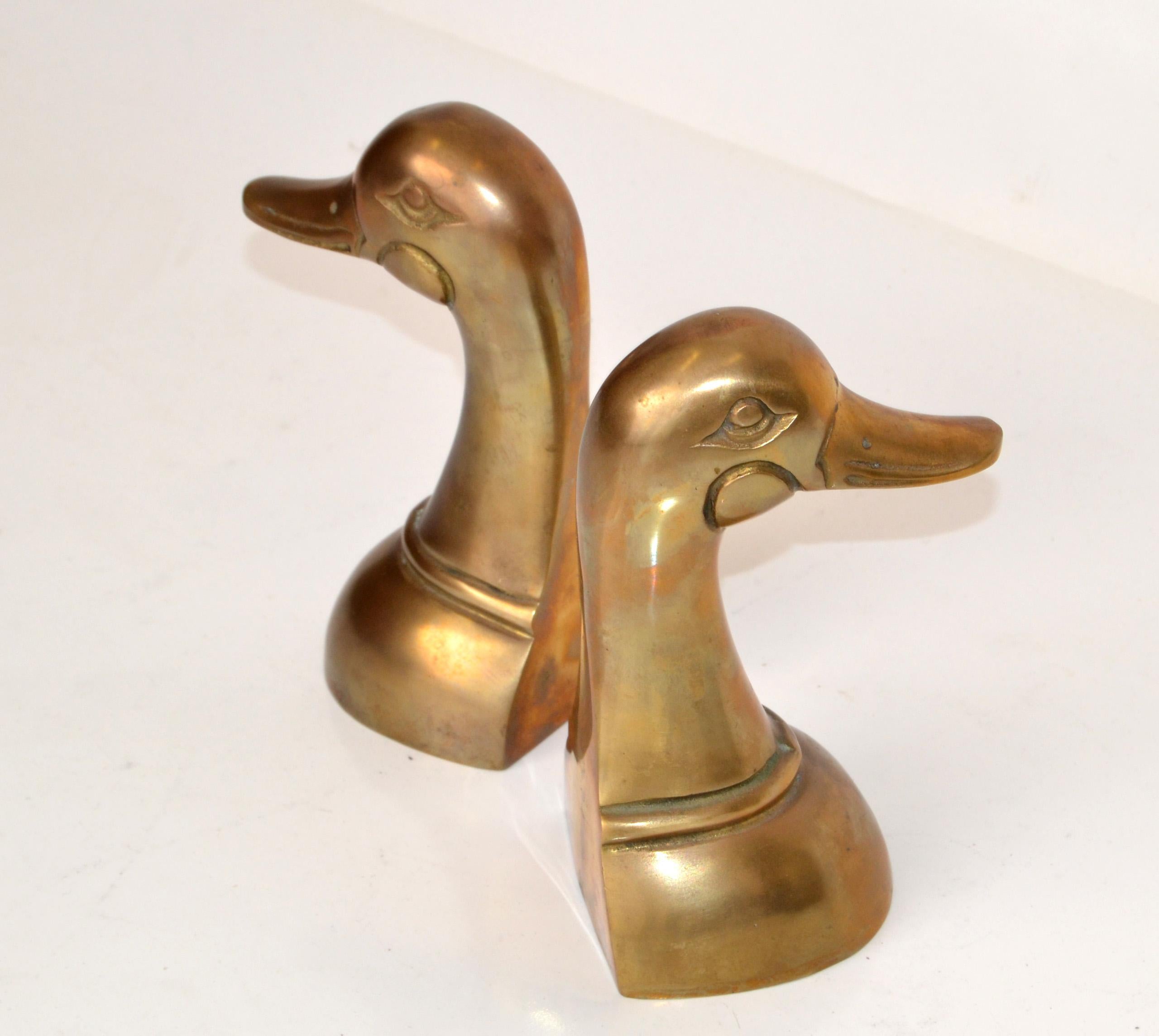 Mid-20th Century Pair 1950s Patinated Cast Brass Duck Mallard Head Bookends Mid-Century Modern For Sale