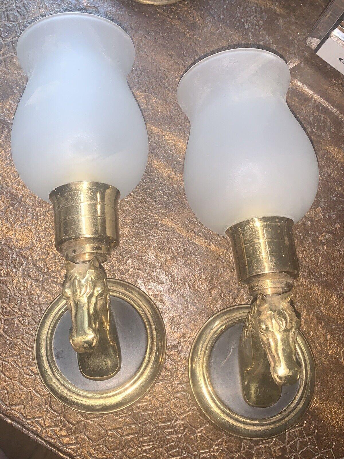 Hollywood Regency Pair 1950's Regency Dore Bronze Petite Horse Bust Wall Sconces w/ Opaline Shades For Sale