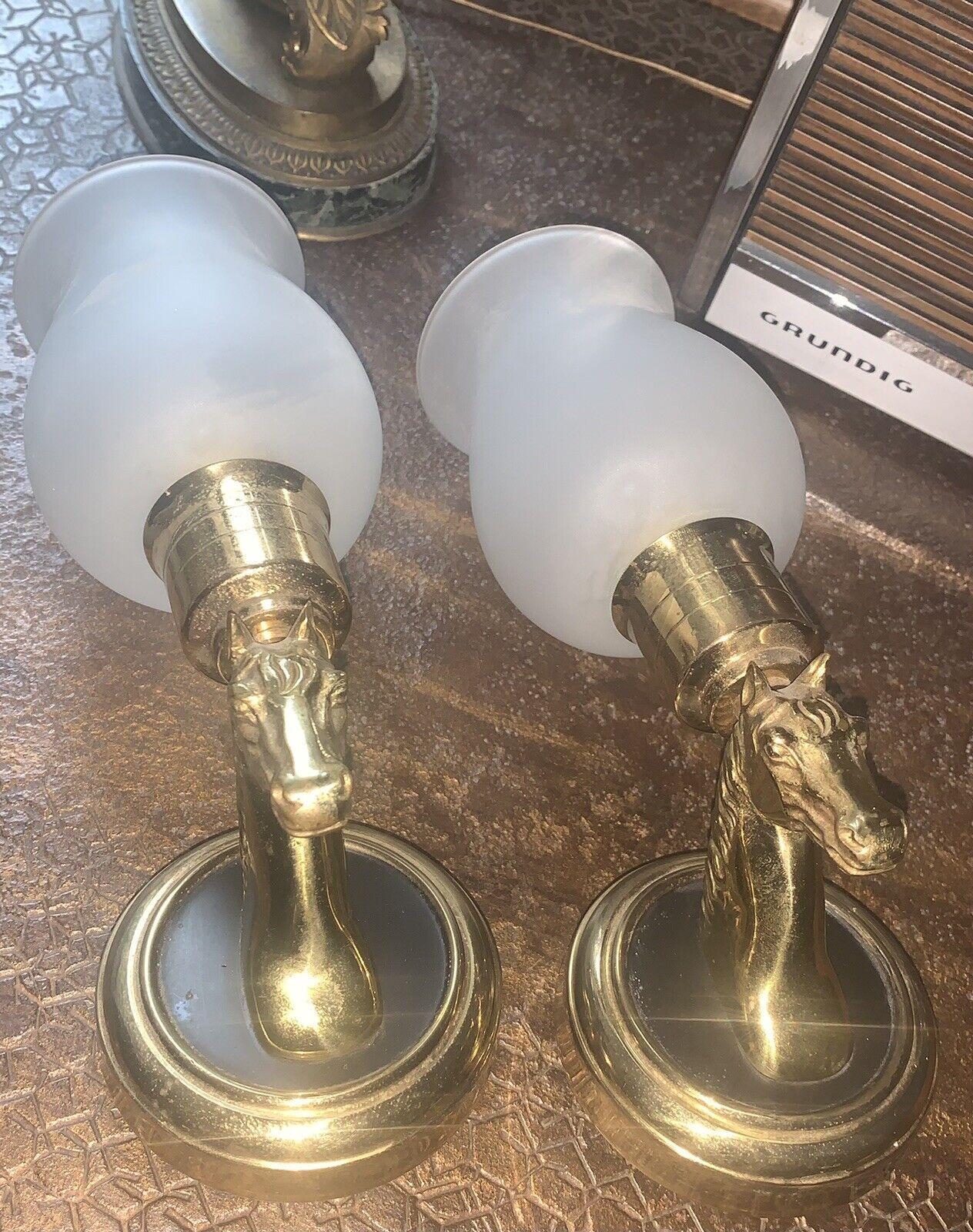 Pair 1950's Regency Dore Bronze Petite Horse Bust Wall Sconces w/ Opaline Shades In Good Condition For Sale In Opa Locka, FL