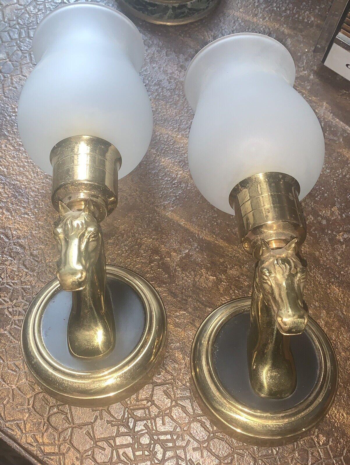 Pair 1950's Regency Dore Bronze Petite Horse Bust Wall Sconces w/ Opaline Shades For Sale 2