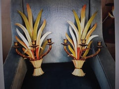 Pair 1950's Signed Maison Bagues Polychrome "Feuillage" Floral Form Wall Sconces