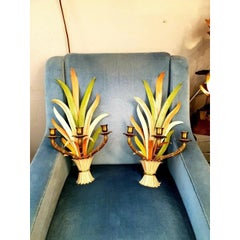 Pair 1950's Signed Maison Bagues Polychrome "Feuillage" Floral Form Wall Sconces