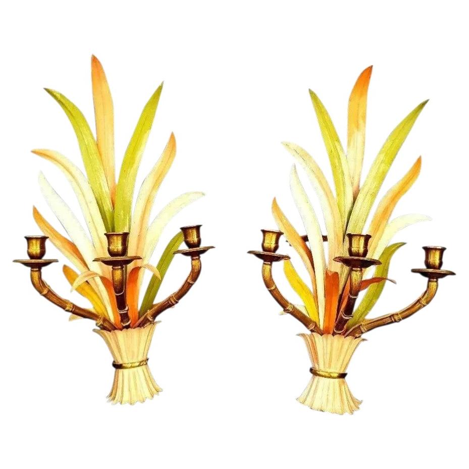Pair 1950's Signed Maison Bagues Polychrome "Feuillage" Floral Form Wall Sconces For Sale