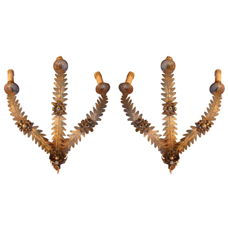 Pair 1950's Tole Sconces With Blossom Motif