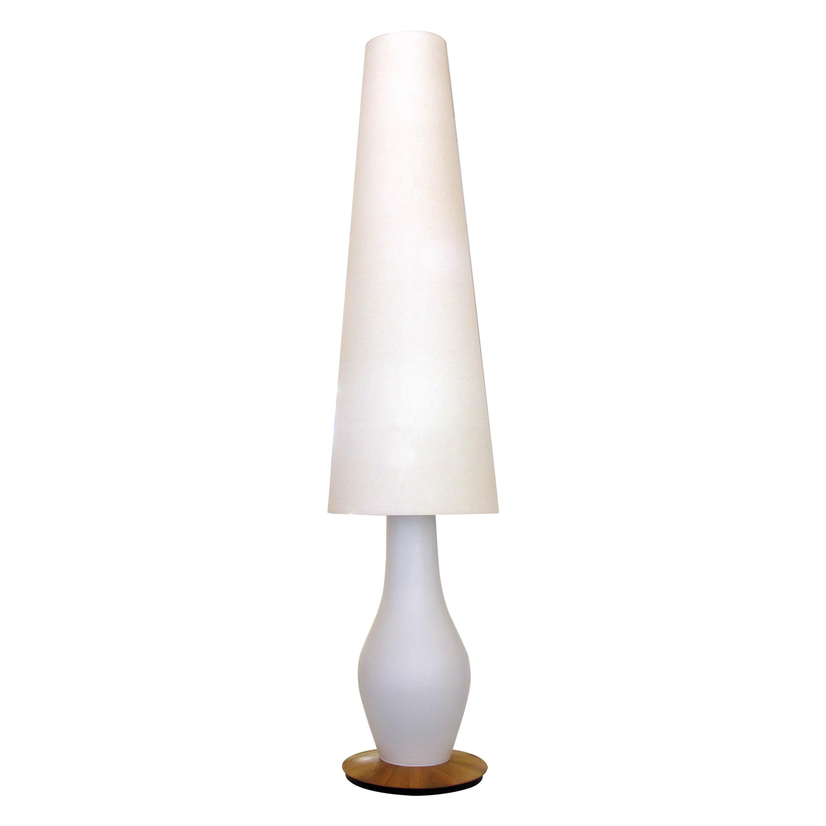 Mid-Century Modern Pair 1950s Vase-Shaped White Glass Opaline Floor Lamps & Tall Conical Lampshades