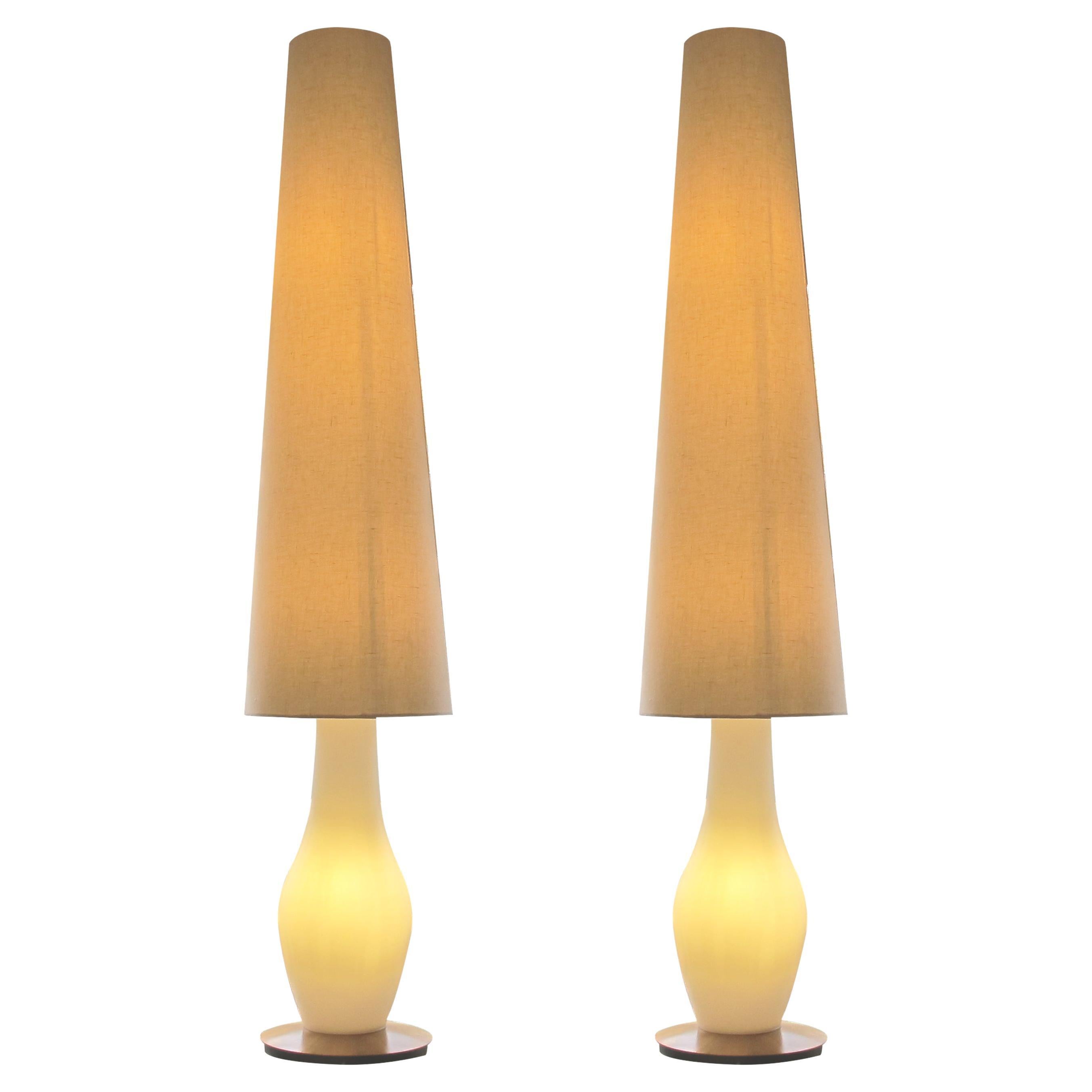 Pair 1950s Vase-Shaped White Glass Opaline Floor Lamps & Tall Conical Lampshades