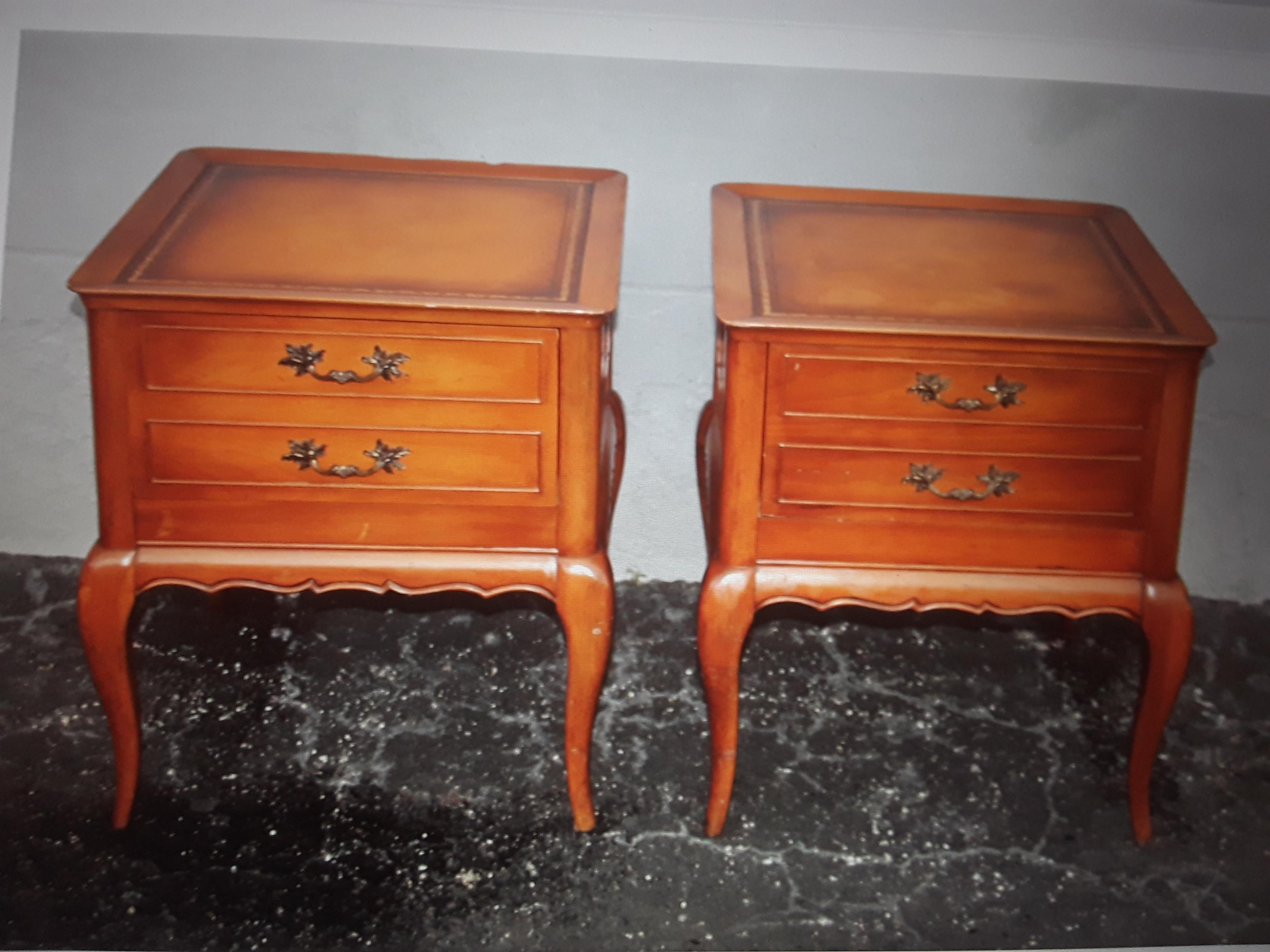 Pair 1950's Vintage Traditional Nightstands/ End Tables with Leather Top and Sabre Legs.