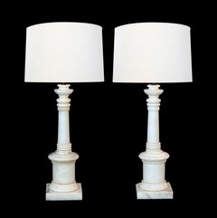 Pair 1950s White Marble Columnar Lamps in the Neoclassical Taste