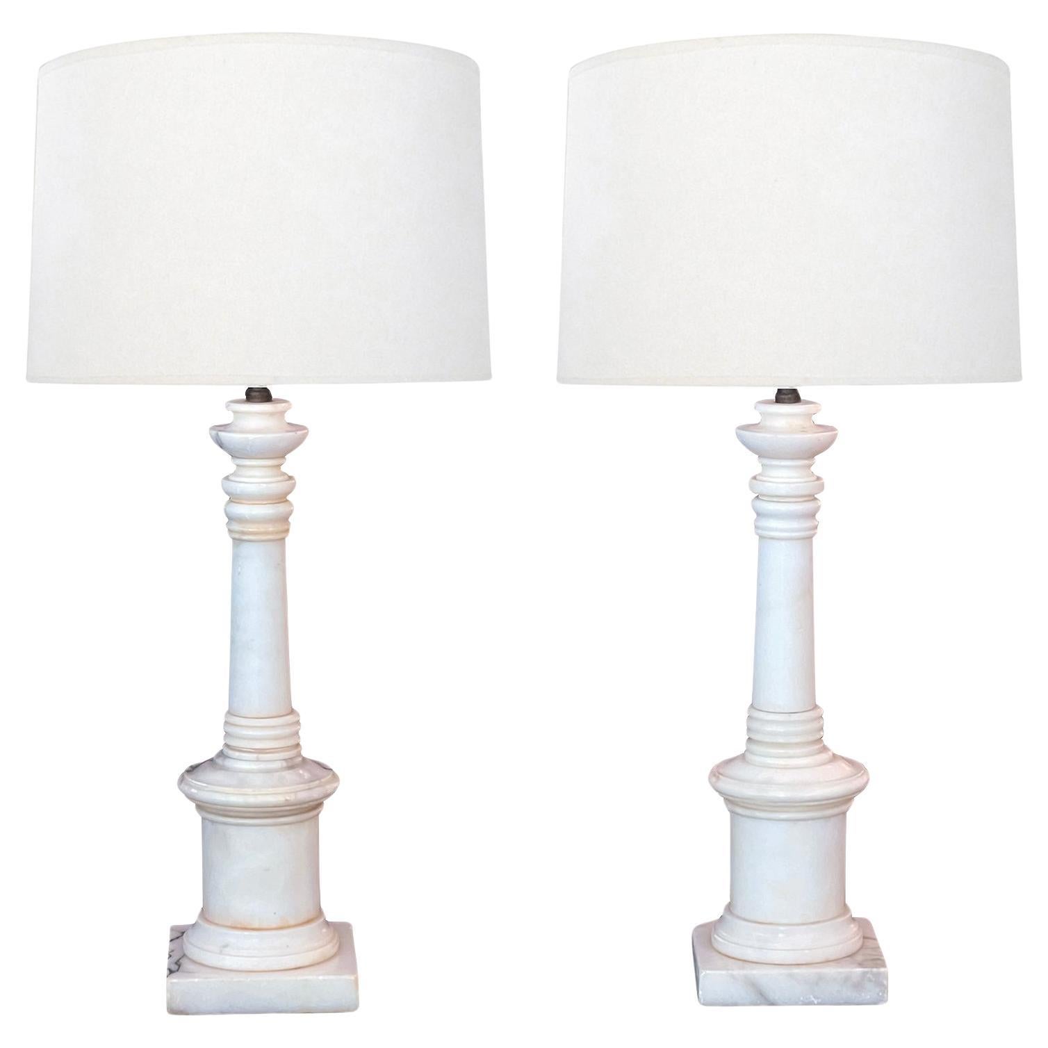 Pair 1950s White Marble Columnar Lamps in the Neoclassical Taste