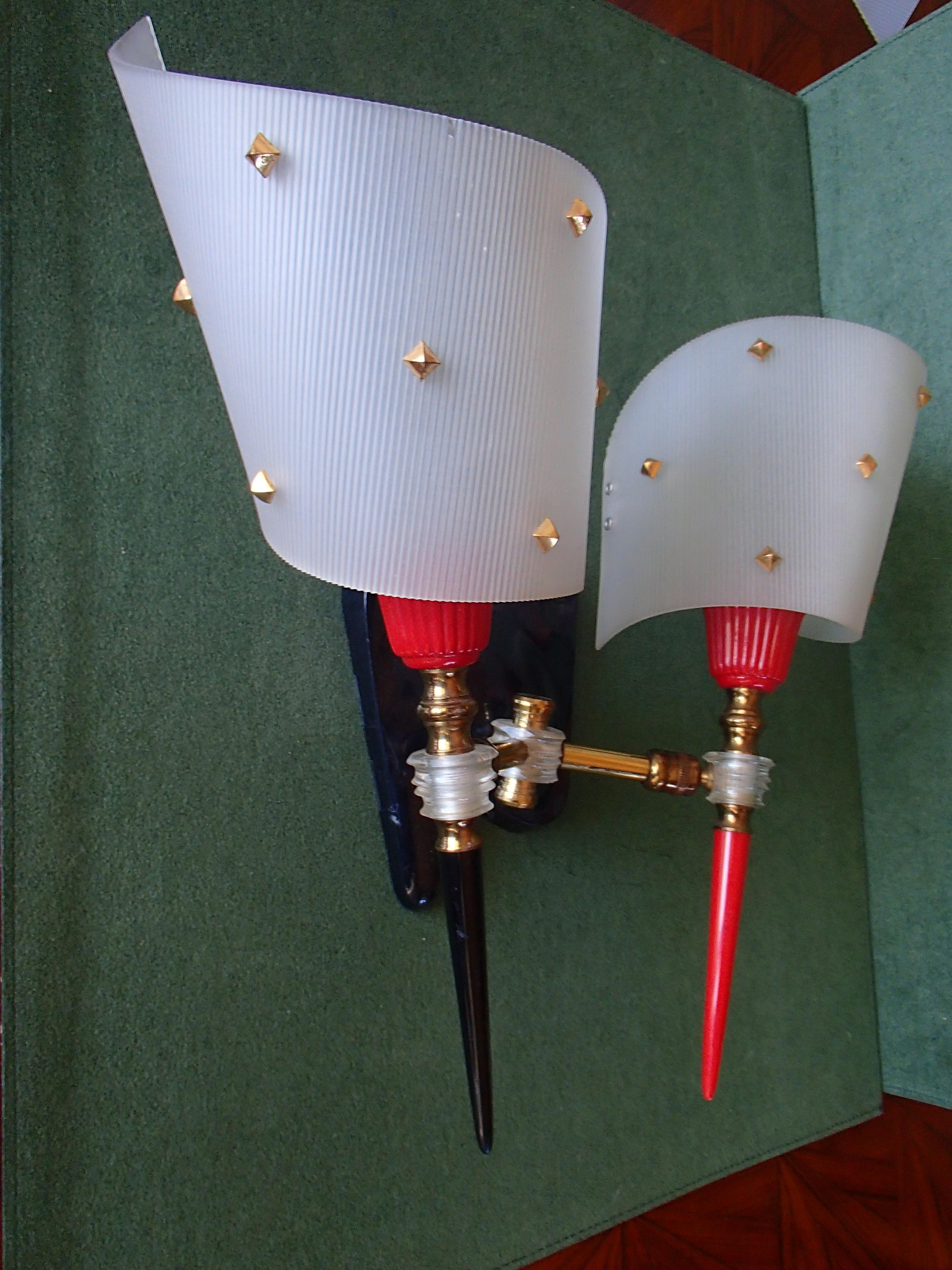 Pair of 1950s Red Black and White Double Wall Lights / Scones For Sale 4