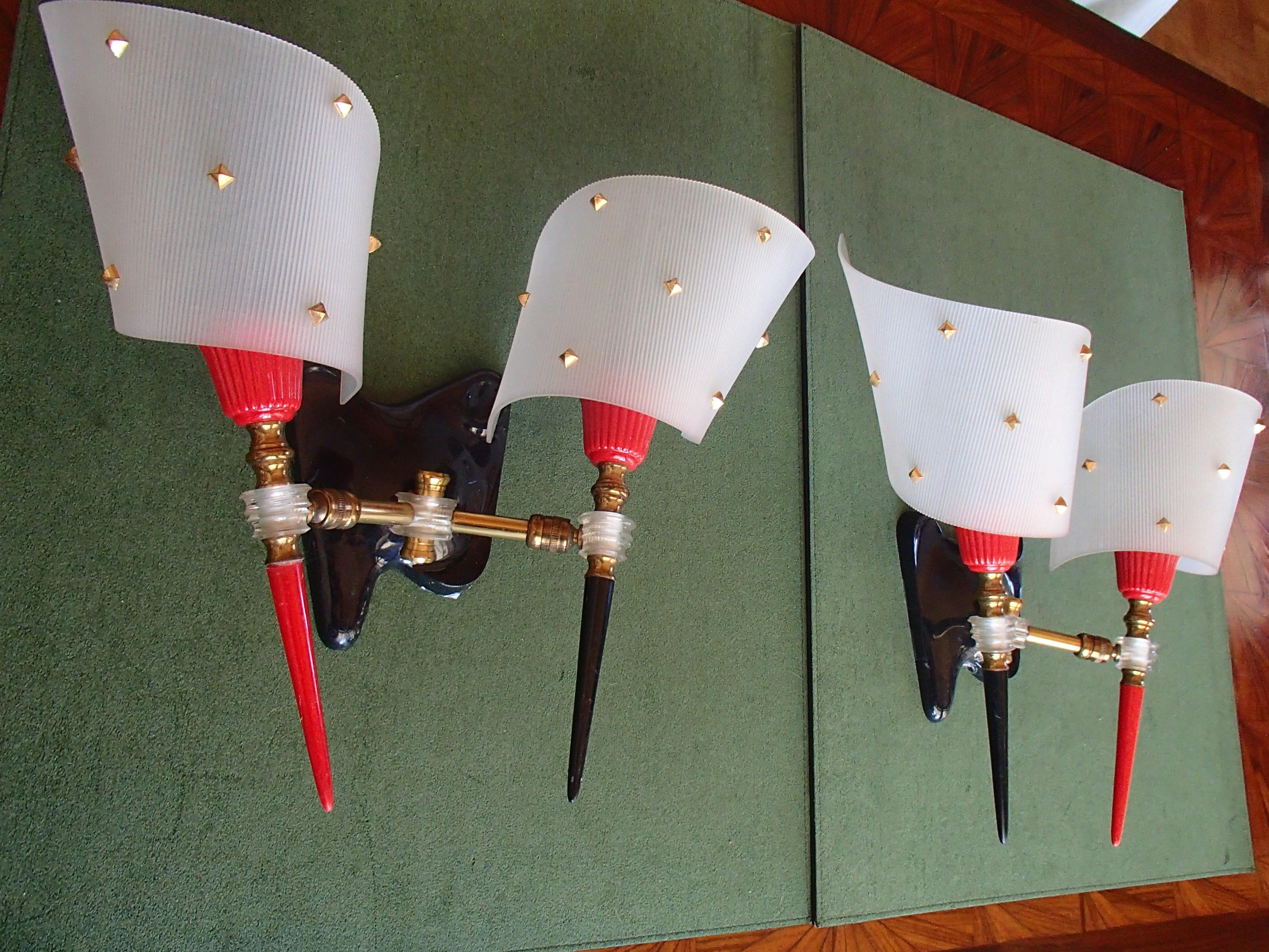 Pair of 1950s red black and white double wall lights scones
Probably by ARA Luminaire Paris.