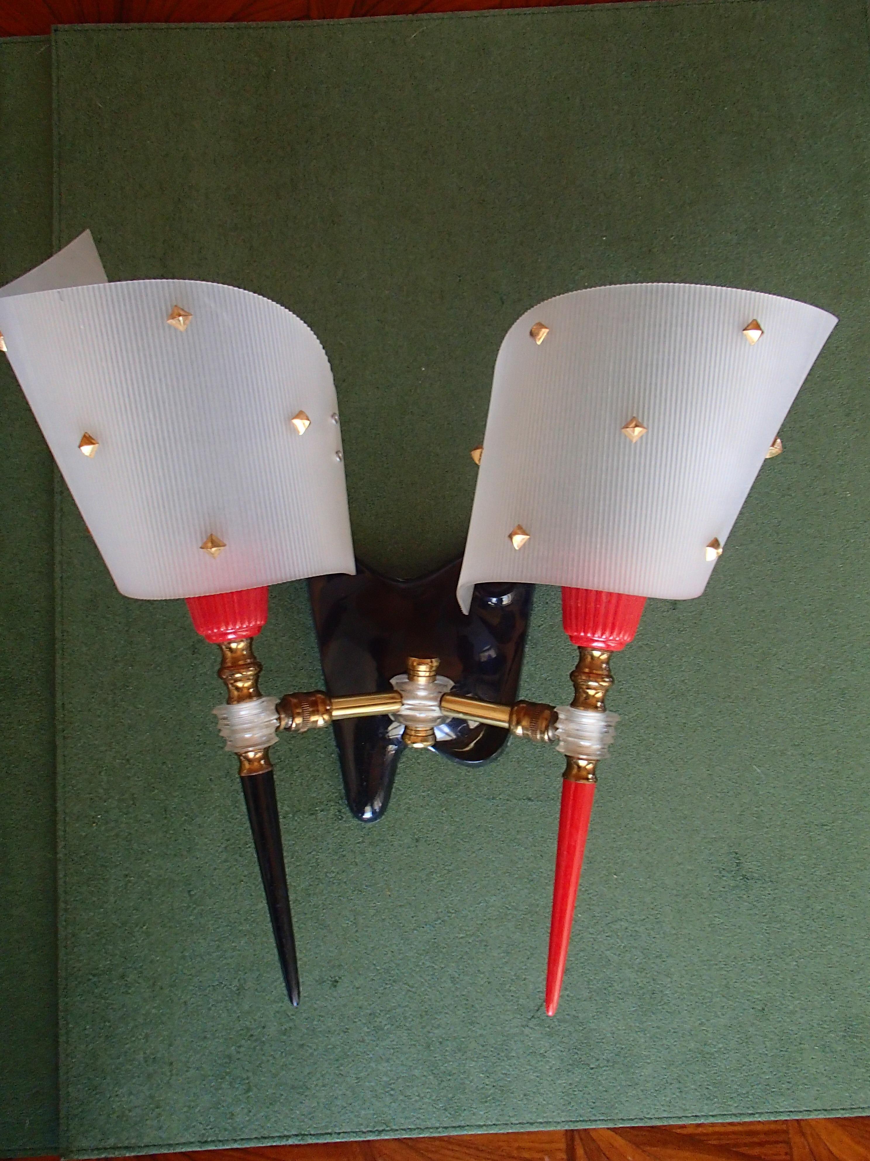 Mid-Century Modern Pair of 1950s Red Black and White Double Wall Lights / Scones For Sale