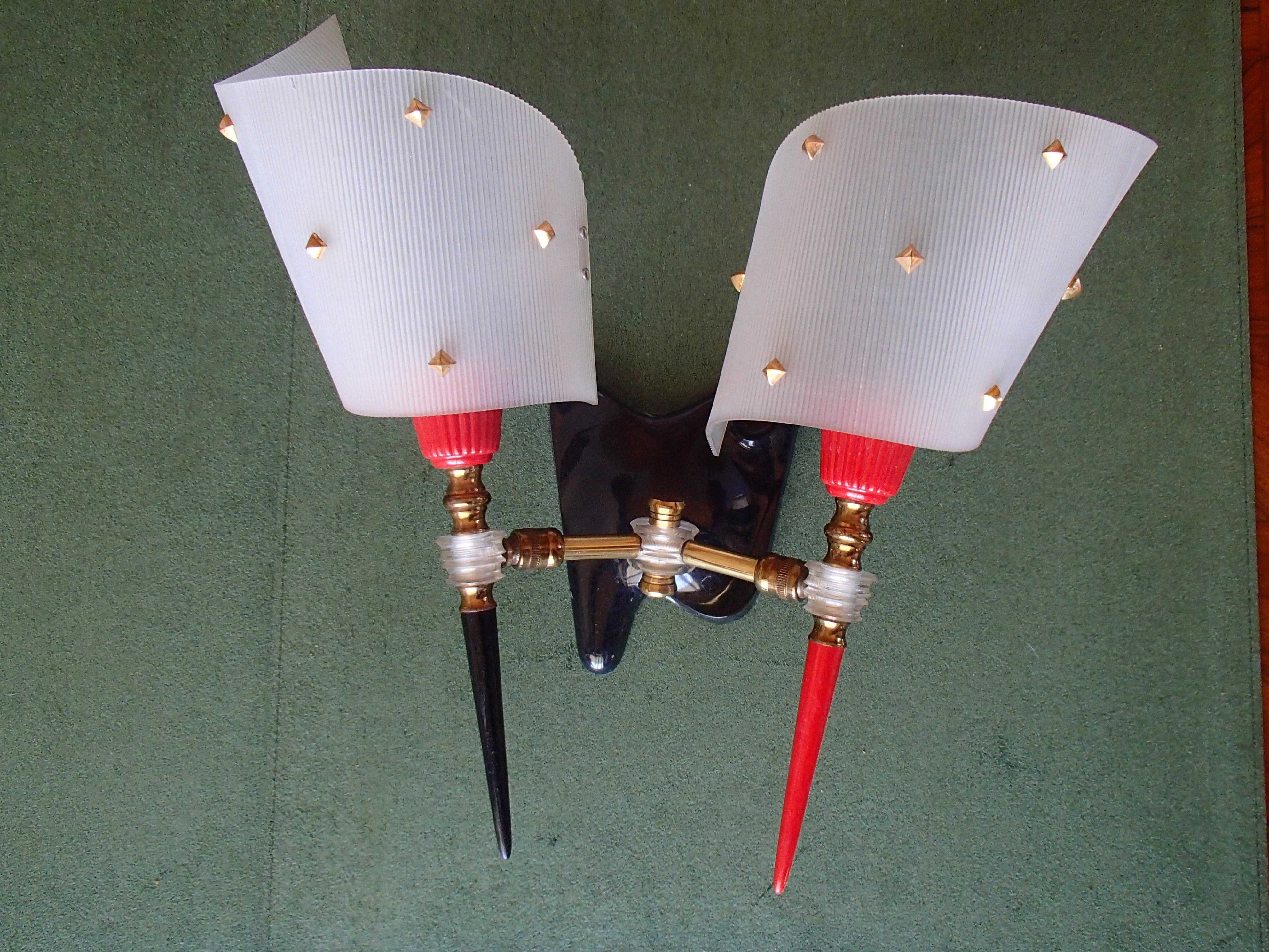 French Pair of 1950s Red Black and White Double Wall Lights / Scones For Sale