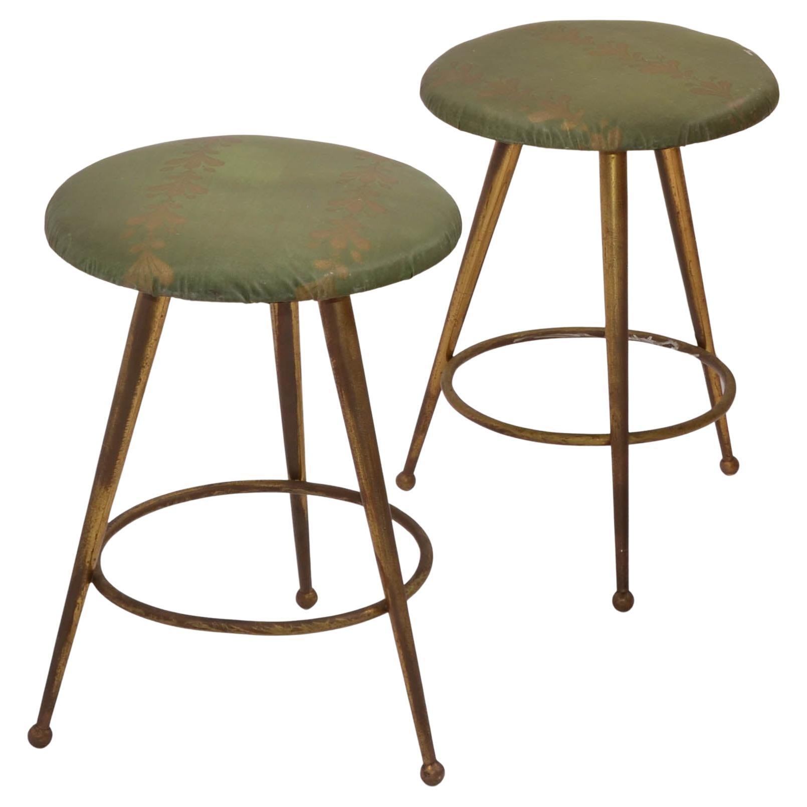 Pair 1960 Italian Mid-Century Modern After Gio Ponti Stools Brass Tripod Legs