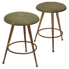 Pair 1960 Italian Mid-Century Modern After Gio Ponti Stools Brass Tripod Legs