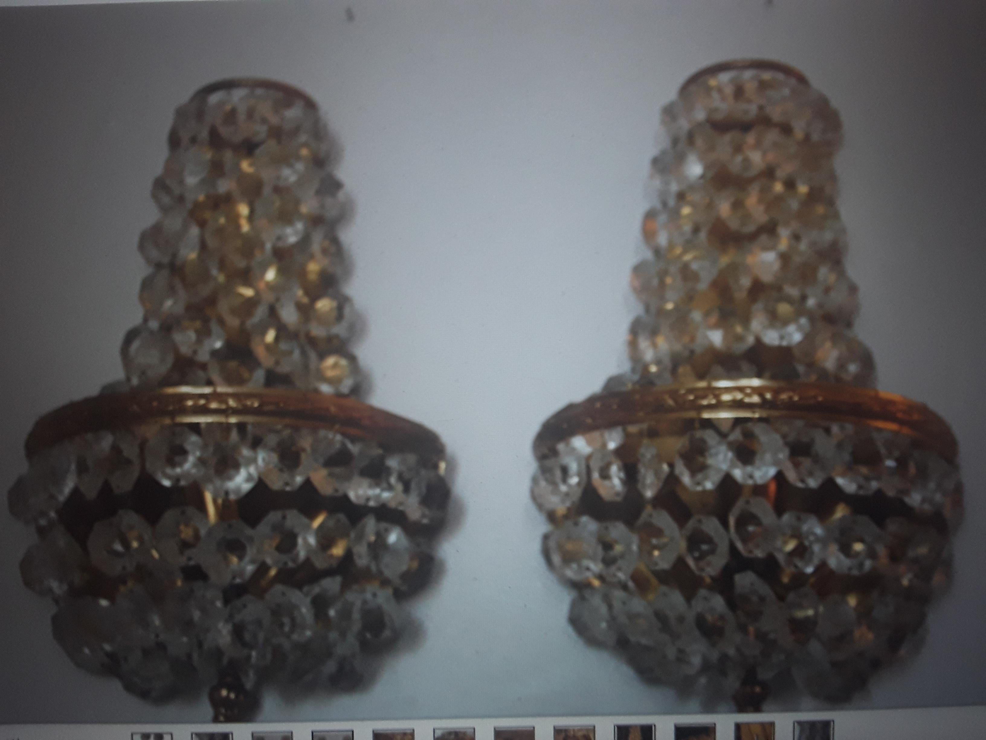Pair 1960s Austrian Empire style 24K Framed w/ Glass Bag/ Tent Form Wall Sconces For Sale 6