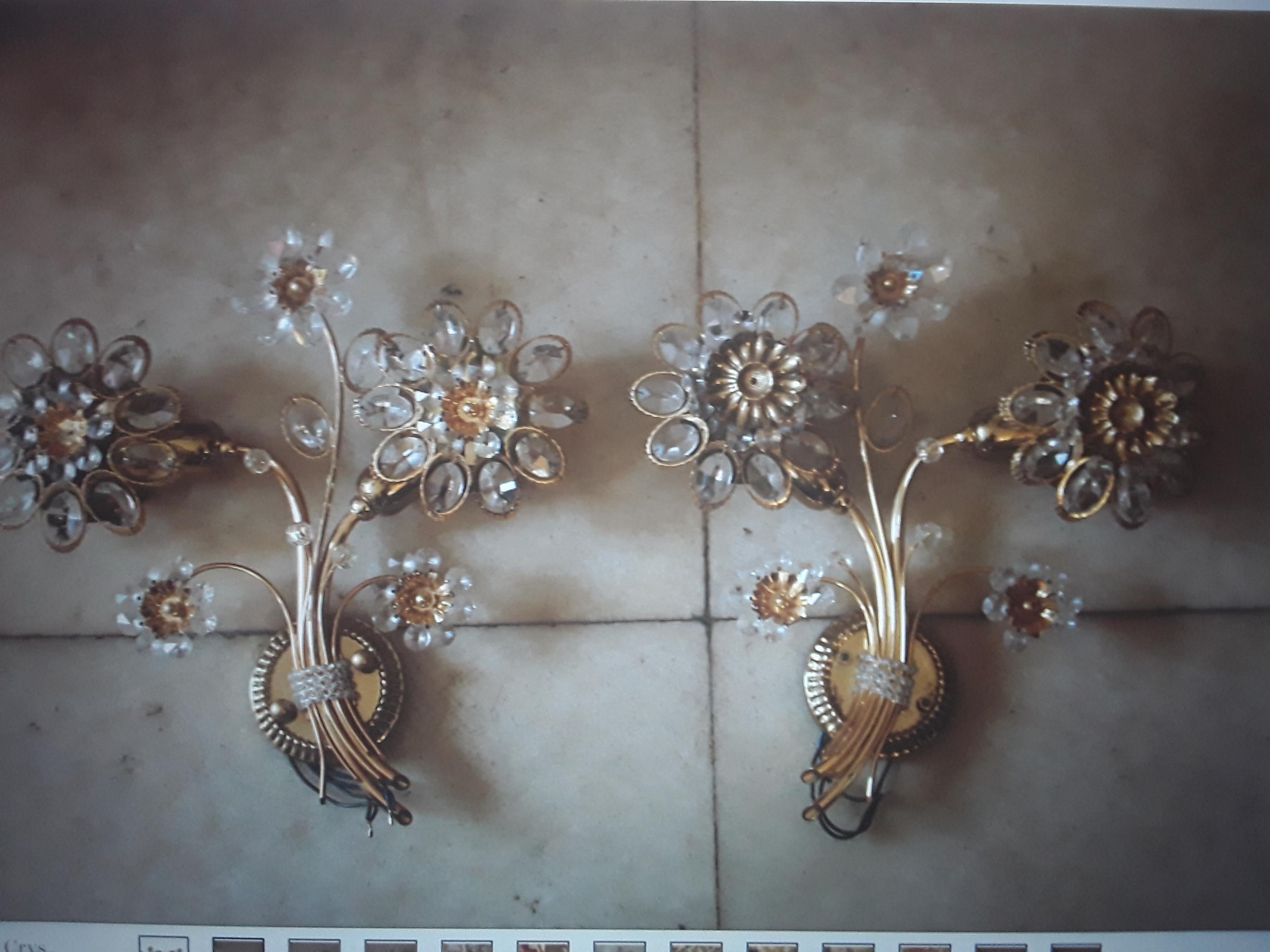 Pair 1960s Austrian Mid Century Modern 24K w/Cut Crystal Floral Form Wall Sonces For Sale 7
