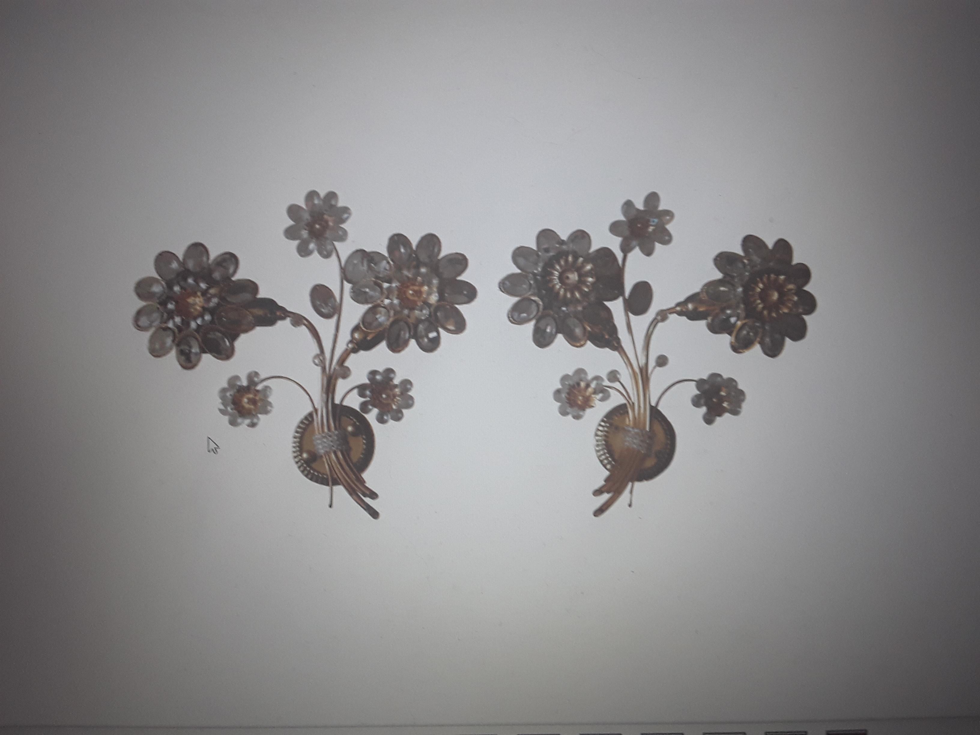 Pair 1960s Austrian Mid Century Modern 24K w/Cut Crystal Floral Form Wall Sonces For Sale 8