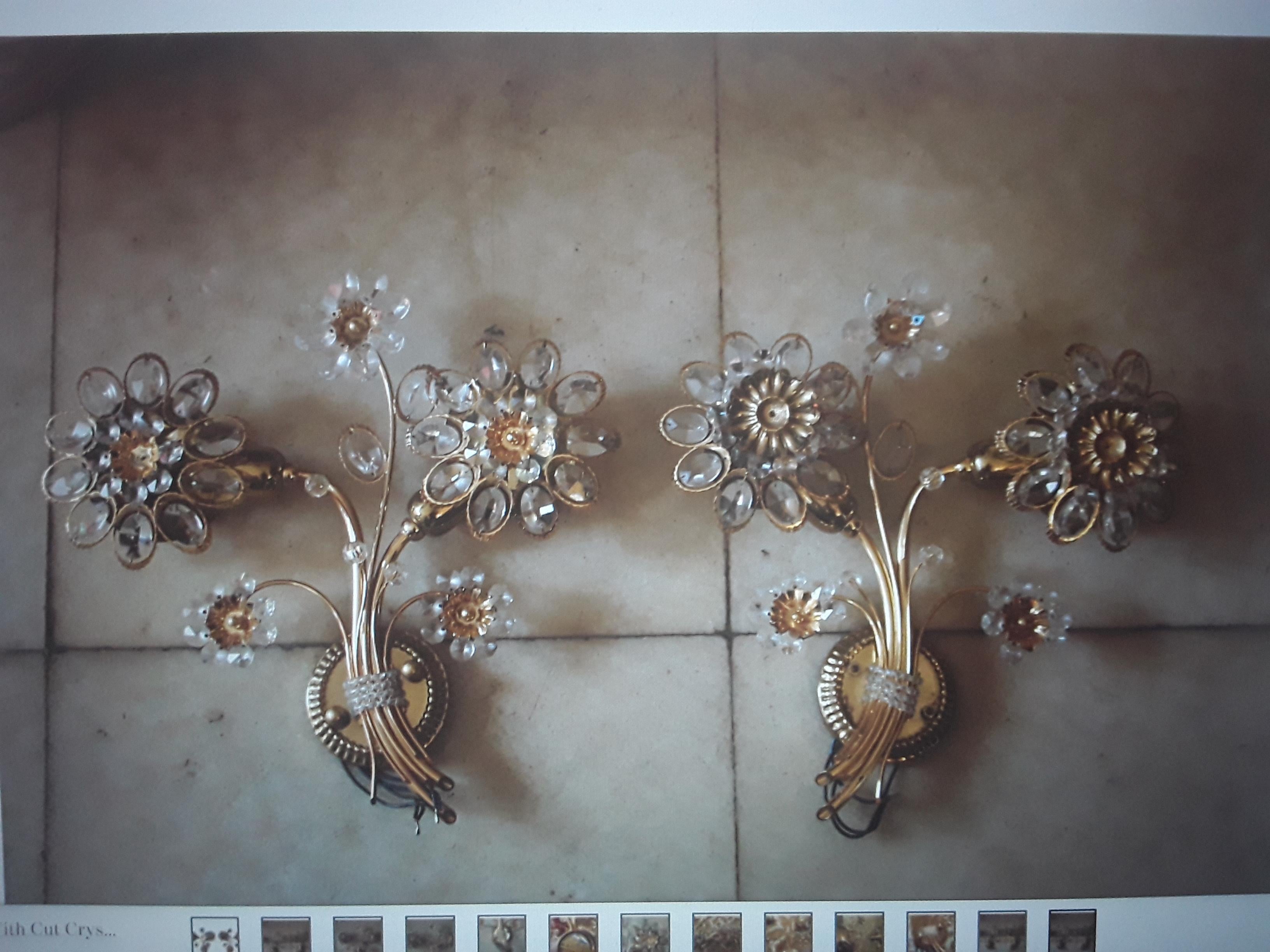 Pair 1960's Mid Century Modern 24K w/ Cut Crystal Floral Form Wall Sconces by Palwa. This pair of crystal encrusted blooming flowers is amazing.